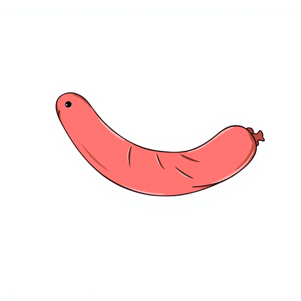 a red sausage, tense fabric, massive protruding bulge on one side of the balloon, side view, 2D, caricature, cartoon, Sketch lines, coloring book, coloring book style on white background, well composed, clean coloring book page, No dither, no gradient, strong outline, No fill, No solids, vector illustration, realistic proportions