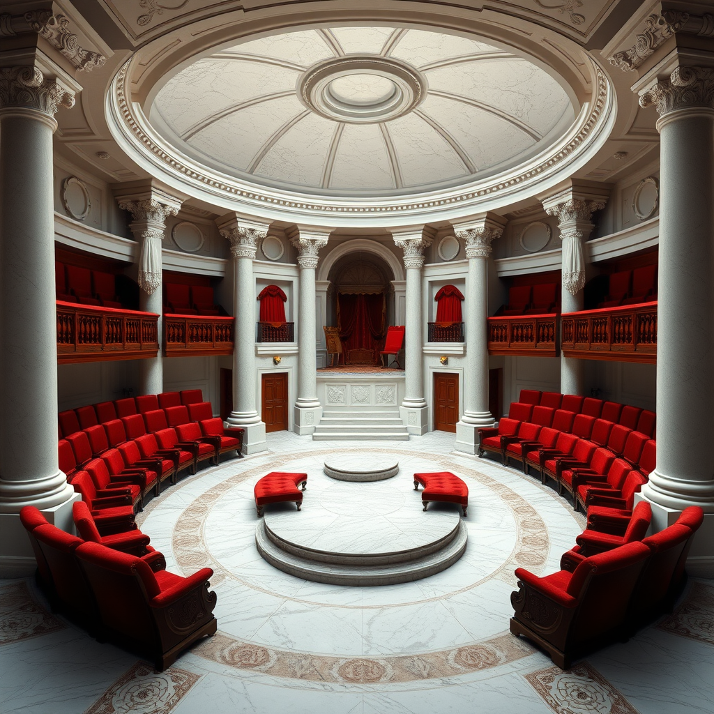 Beyond the foyer is the auction hall. Which is a cozy circular room, and has polished marble floors and white alabaster pillars supporting a vaulted ceiling. On both sides (west and east) are ascending rows of plush seating made from velvet and mahogany. With the main entrance at the south side and a small servants entrance at the north side of the room. The servants entrance is also where the slaves are brought in. In the middle of the room are 6 small platforms in a circle.