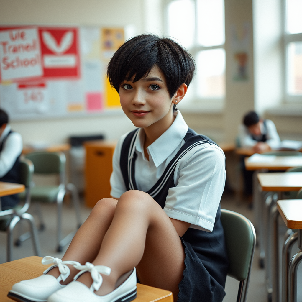 photorealistic, ultra high resolution, 16K, surreal fantasy, soft studio lighting, a pretty 16 year old goth male, slim male physique, short dark hair, blue eyes, goth makeup, earrings, sheer pantyhose, UK girls-school uniform, Mary-Jane shoes, sitting in the classroom, excited smile, facing the camera.