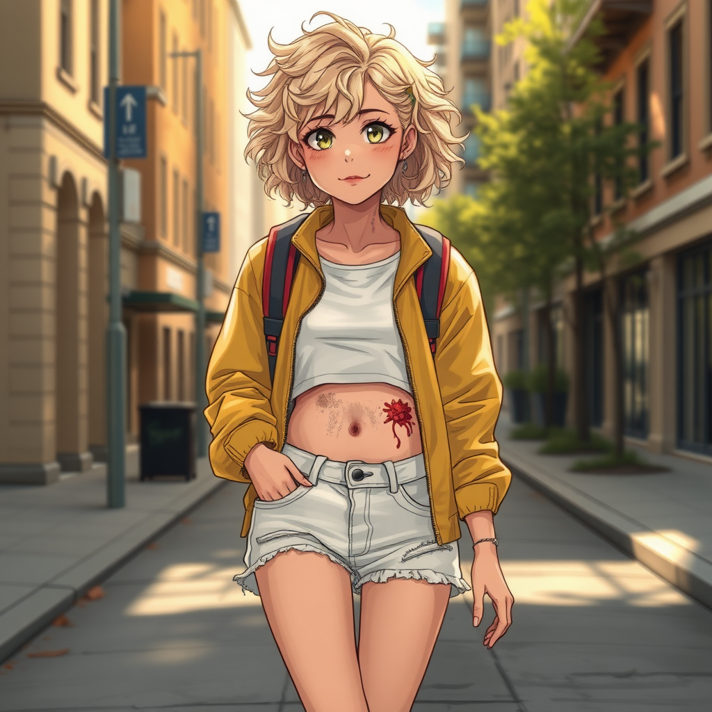 Realistic drawing style image, Extremely good quality 8k resolution drawn manga image of a 15 year old petite and short tomboy girl with golden blonde curly hair with mixed and different colored eyes for each eye and moles on her entire body and is a white American girl, Has on a Gold Jacket over a white extremely short crop top only covering her breasts and nothing more with a design on it, and has on ripped shorts and cool looking sneakers and a deep and big knife cut wound on her stomach from a huge injury she had, with a bright color backpack, ear piercings on, walking on the street to school in the morning with the beautiful sunlight lighting up her body beautifully with no tattoos.