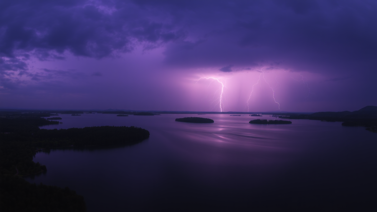 photo, lakes, purple sky, lightning