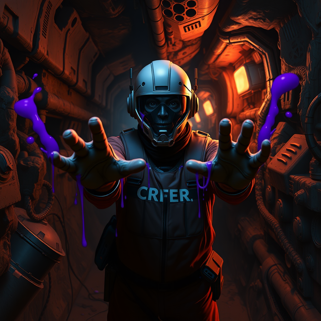 Cinematic sci-fi horror digital painting. Crew member approaching the viewer with arms reaching out. Purple goo smears. Dark rocky industrialized corridor.