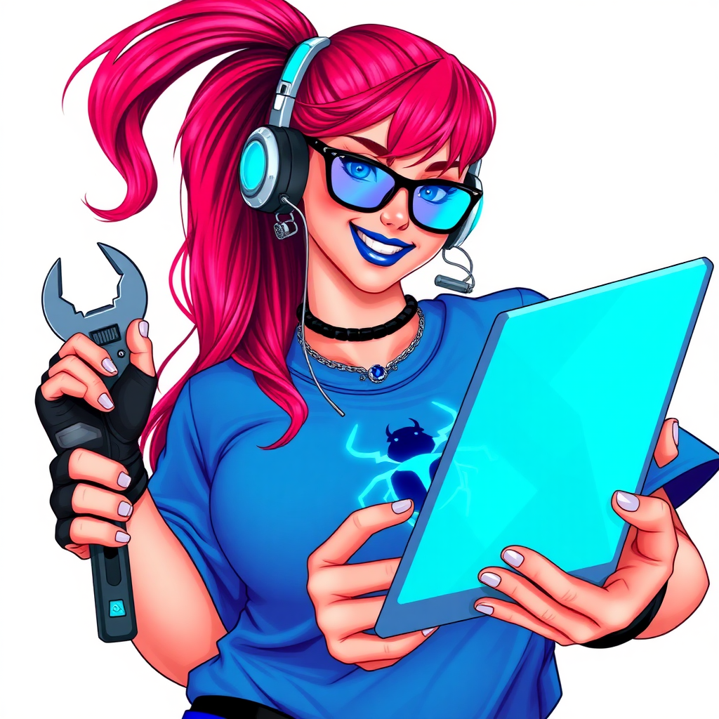 An intelligent and tech-savvy 29-year-old computer hacker and tech genius. She has a long ruby red ponytail. She wears maximum blue lipstick, blue eyes, a sapphire beetle gemstone necklace, sapphire earrings, black eyeglasses, hi-tech power gloves, and an oversized maximum blue t-shirt featuring a neon blue glowing beetle chest icon. She has a gargantuan full-figured physique with a prominent round gargantuan midsection, reflecting her well-cared-for lifestyle. She sports a sapphire headset with a hi-tech maximum turquoise lensed HUD, and a beaming smile accentuated by a passionate neon red blush. She serves as his tech expert from his hideout, holding a futuristic tool wrench and a futuristic digital tablet. The background is solid white. She is drawn as if she was in a retro 2D cyberpunk fighting game.