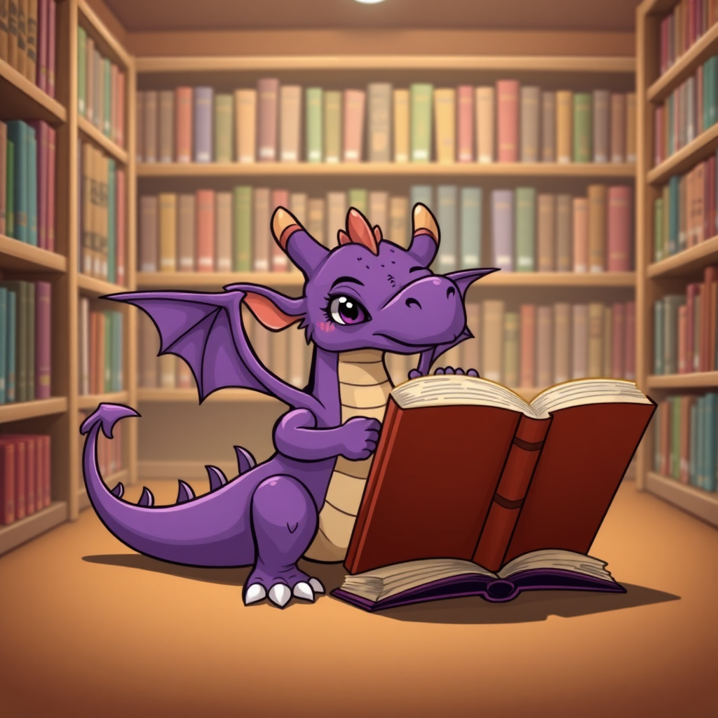 A cartoon bored purple small dragon with two legs, two arms and wings in a library reading from a large book that is sitting on the ground beside him.