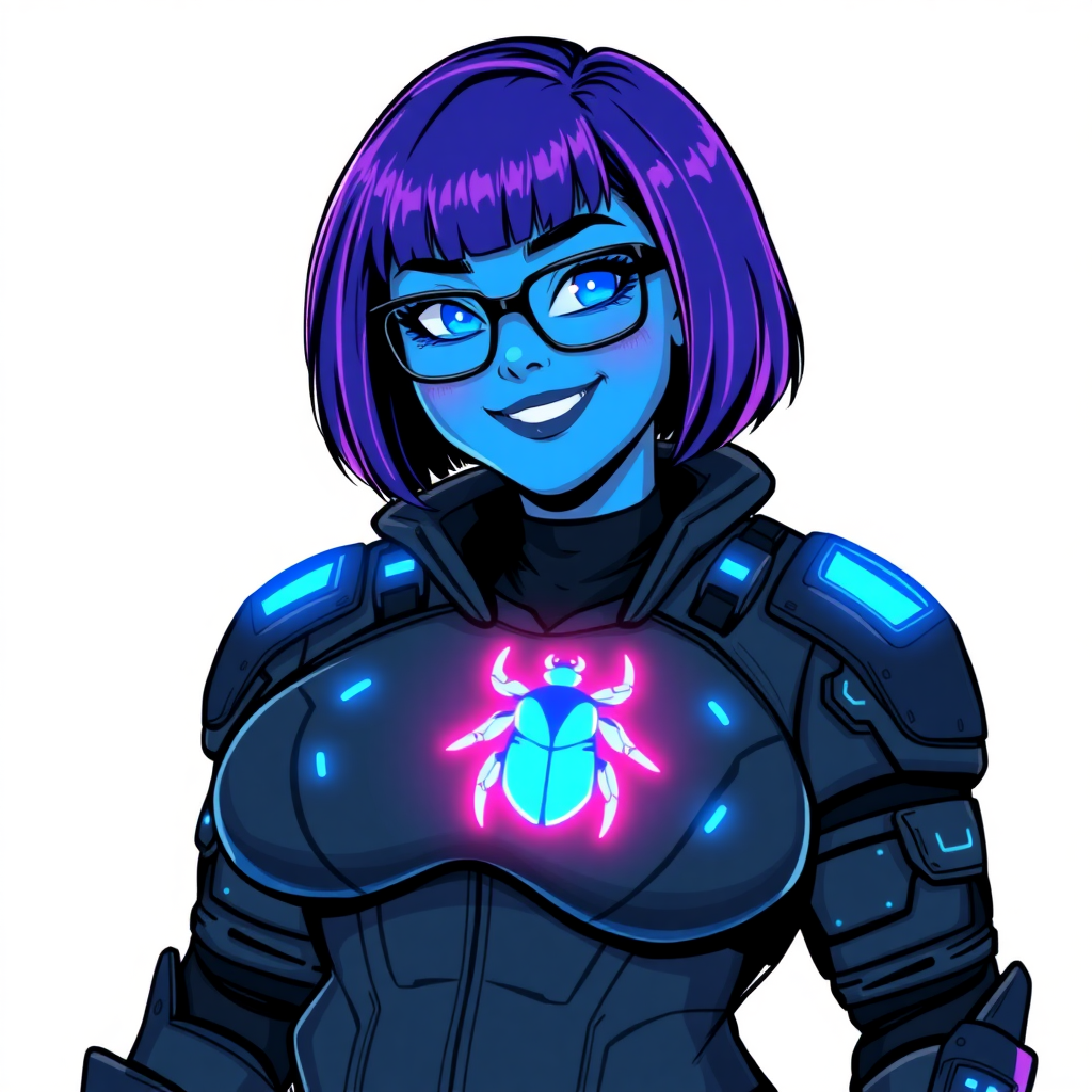 A full-figured 29-year-old computer science major, now transformed into a full-figured, maximum blue-skinned nerdy digital sidekick for a cyberpunk vigilante, with maximum blue skin. Her bob cut seamlessly blends with her skin, forming part of her data, and her neon blue eyes glow intensely. Her full figure is defined by a prominent, round, wrecking ball-sized midsection, sequoia-sized limbs, and broad shoulders. As a loyal and supportive sidekick, she plays a crucial role in their missions, using her digital skills to assist and protect.

She wears a digital, computerized biker suit that blends with her hair and skin (appearing to merge together as computer data), featuring a maximum blue coloration and a neon blue glowing beetle chest icon, along with matching high-tech gloves. She bashfully giggles with a neon red blush, emitting neon blue data cubes from her body, set against a solid white background. Heavily pampered by her doting boyfriend, her full figure clearly shows this care. She has the ability to hack into computers and machines, and her nerdiness is blatantly obvious with her black oversized eyeglasses. Her full figure (especially her wrecking ball-sized midsection) is prominently displayed and heavily emphasized. Her outfit is influenced by DC’s Jennifer Knight Phantom Lady but remains distinct. She is drawn as if she was in a retro 2D cyberpunk fighting game. Ensure her skin tone is distinct from Inside Out's Sadness from any other character. Her proportions are bloated to emphasize her full figure.