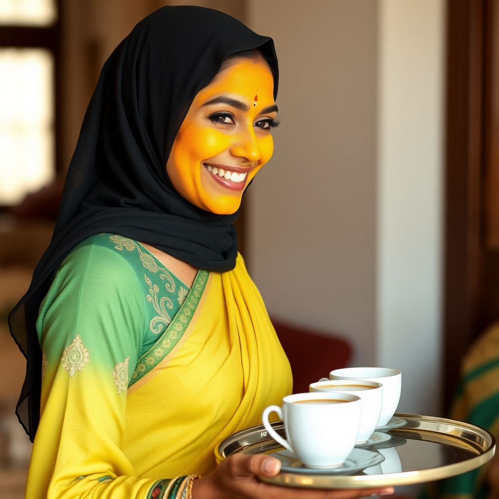 slim, 30 year old, sexy, traditional indian wife, hijab, turmeric face mask. She is smiling and serving coffee on a tray to guests.