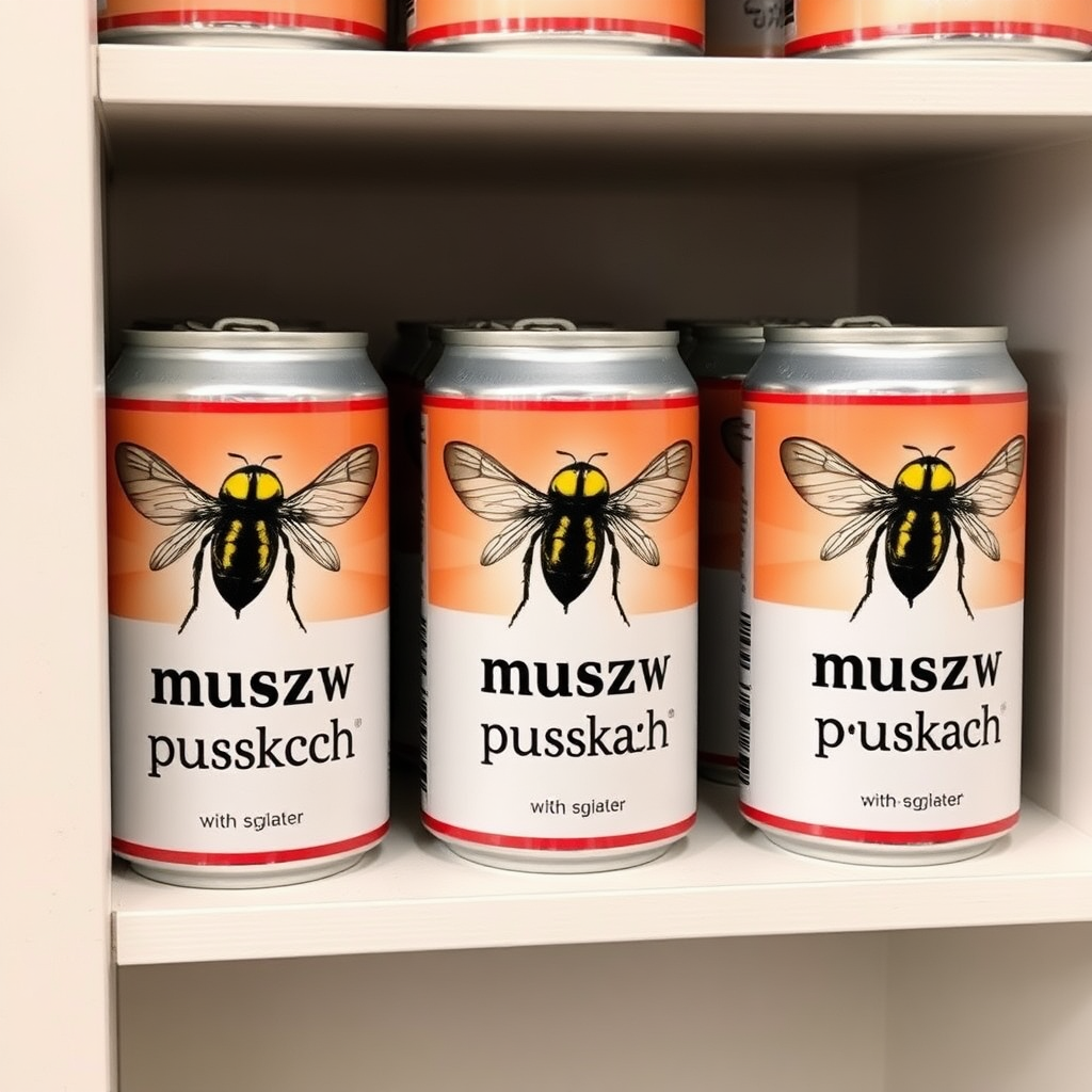 a small shelf with cans that have an image of home fly on the label and text saying "musz w puszkach"