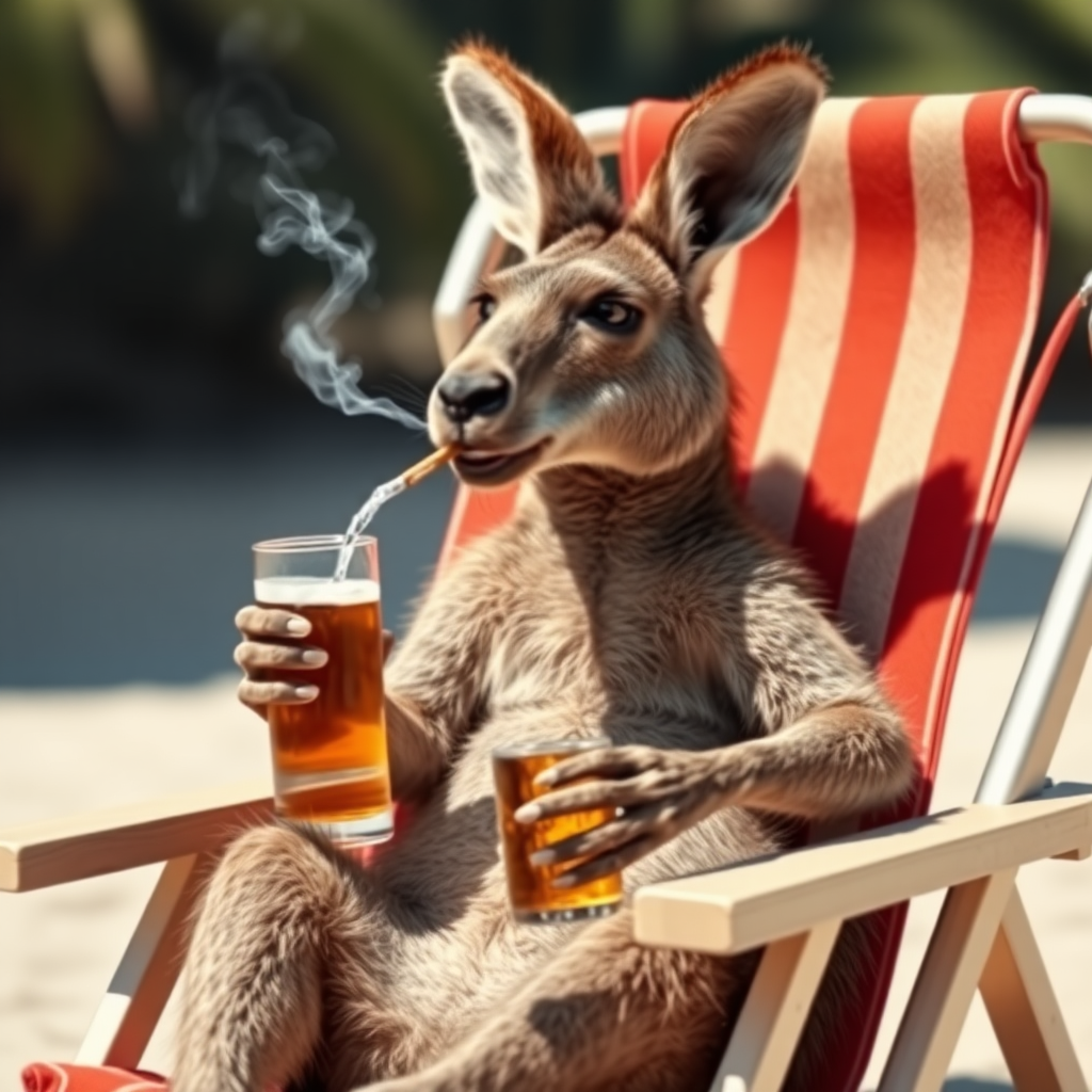 A realistic photo of a kangaroo sitting in a beach chair, he is smoking a cigarette and is holding a beer.