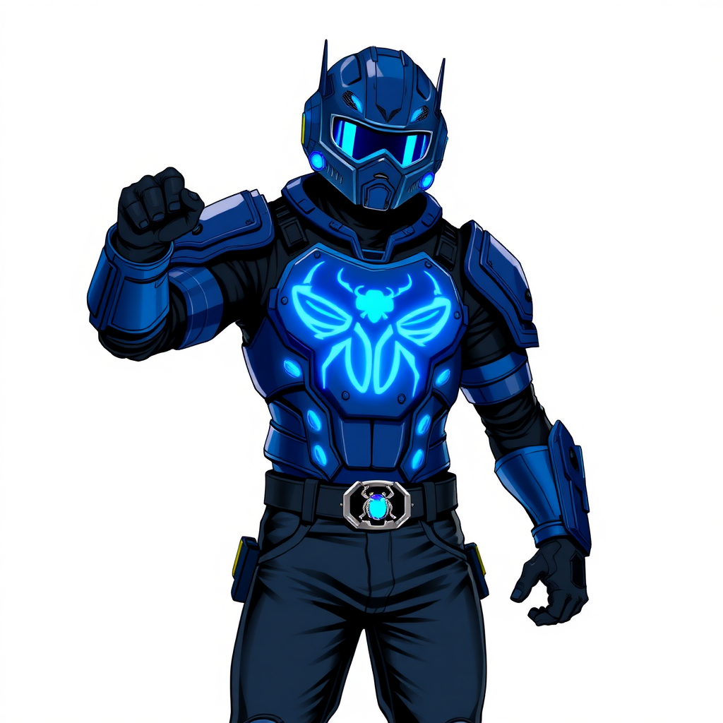 A young adult cyberpunk vigilante stands heroically, clad in high-tech, maximum blue body armor featuring a neon blue glowing beetle on the chest. They wear black biker pants, a black belt with a sapphire beetle buckle, and a helmet resembling Red Hood Jason Todd’s, but colored maximum blue with neon blue glowing lenses. Their hands are protected by black metal gloves, all set against a solid white background. He is drawn as if he was in a retro 2D cyberpunk fighting game.