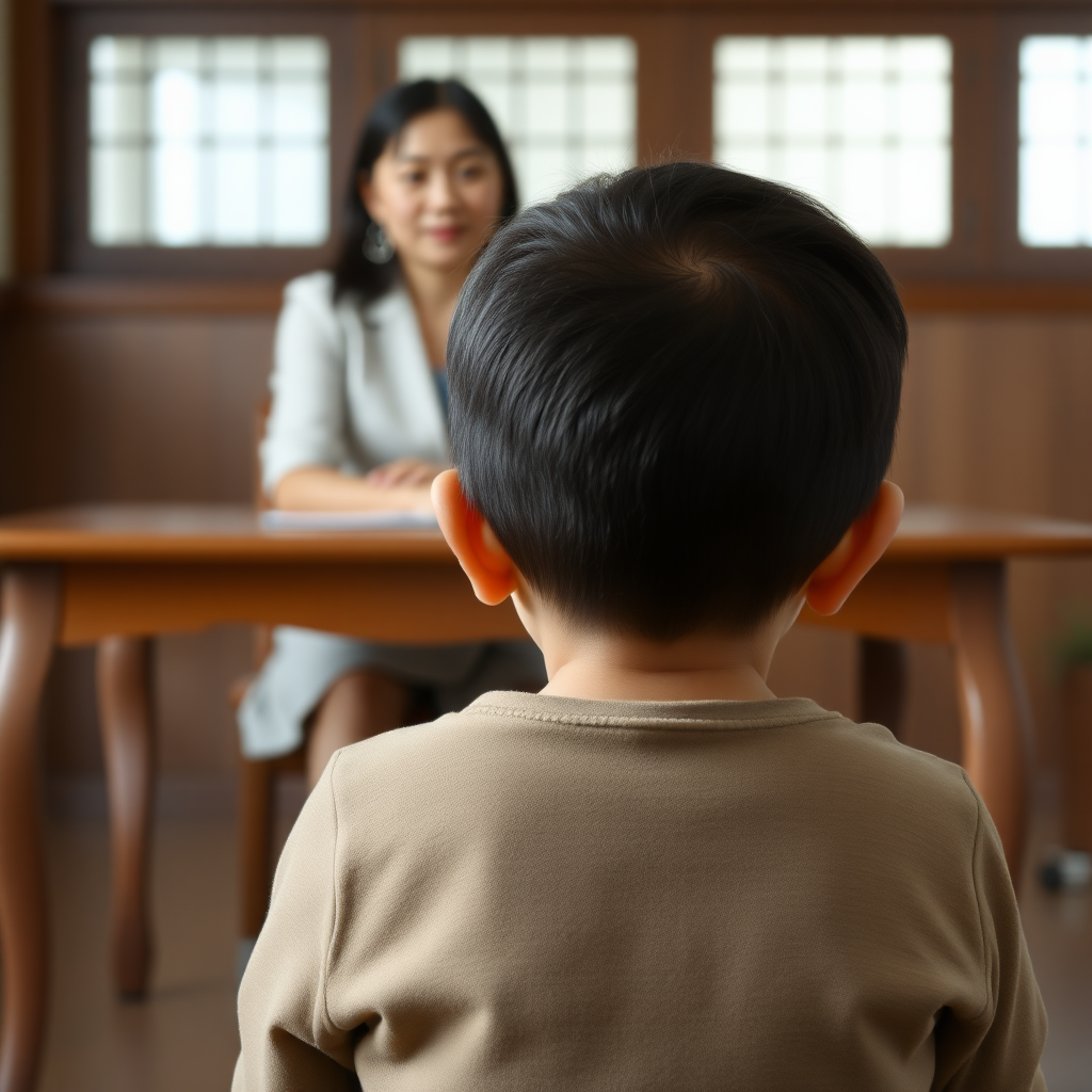 An amateur photograph, taken from behind a child. The child is sitting down in front of a table. Behind the table, a female counsellor is sitting. The counsellor is East Asian. The child and the counsellor are close to each other.