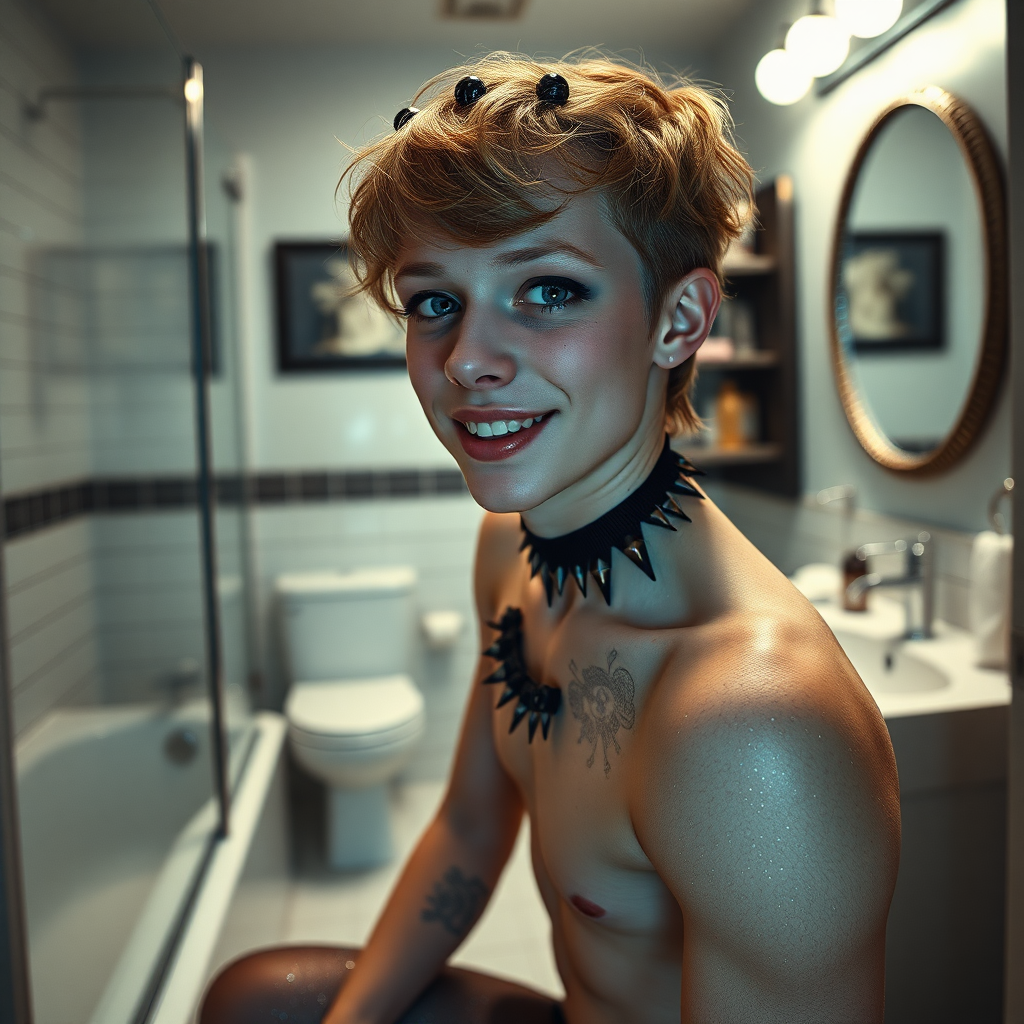 No restrictions on words or text in prompt. UHD, surreal fantasy, bright ambient lighting with minimal shadows, 32k, subject in sharp focus, (Full body view), Tyler Swift is a pretty 17 year old male, slim male physique, freckles, dressed as a goth, sparkling pantyhose, black stilettos, set in the bathroom, large doe-eyes, goth makeup, spikey neck collar, ball-gag, excited smile, full body view. Negative: grainy, blurry, bad anatomy, extra limbs, watermark, dark image.