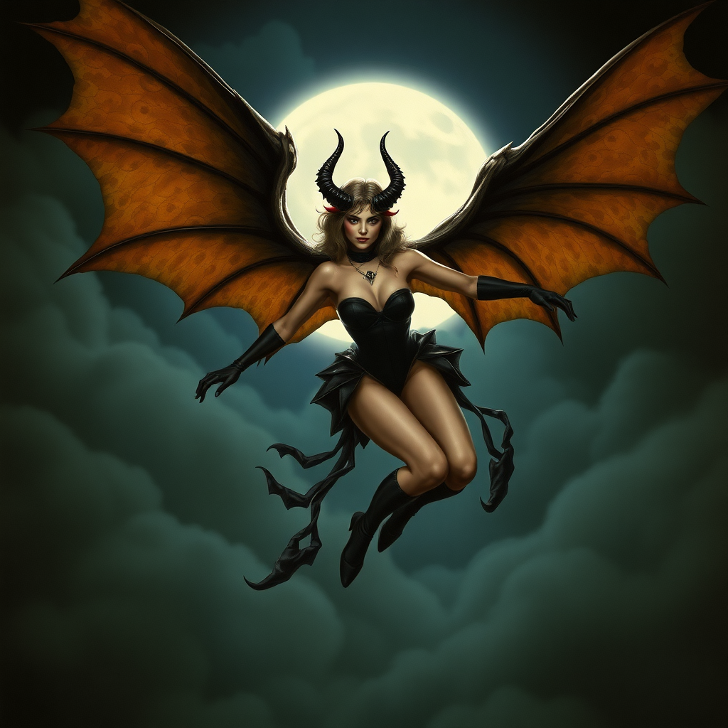 A beautiful winged succubus staring wickedly her outfit is designed to entice. She's flying high in a dark, moonlit sky. The scene is dark and spooky with the art styling of Brian Froud. Cosplayed by a young Drew Barrymore.