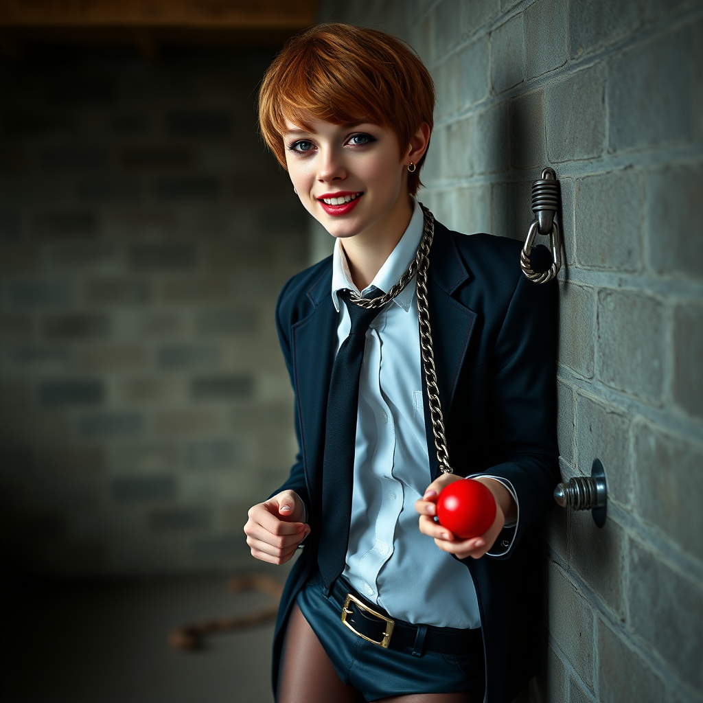 photorealistic, ultra high resolution, 16K, surreal fantasy, soft studio lighting, Tyler Swift is a pretty 18 year old goth male, slim male physique, auburn hair, goth makeup, earrings, shiny black pantyhose, school uniform shirt tie and blazer, Mary-Jane shoes, spikey neck collar chain and leash, red ball-gag, in a dungeon, the end of the leash is chained to the wall, in daylight, excited smile, facing the camera.