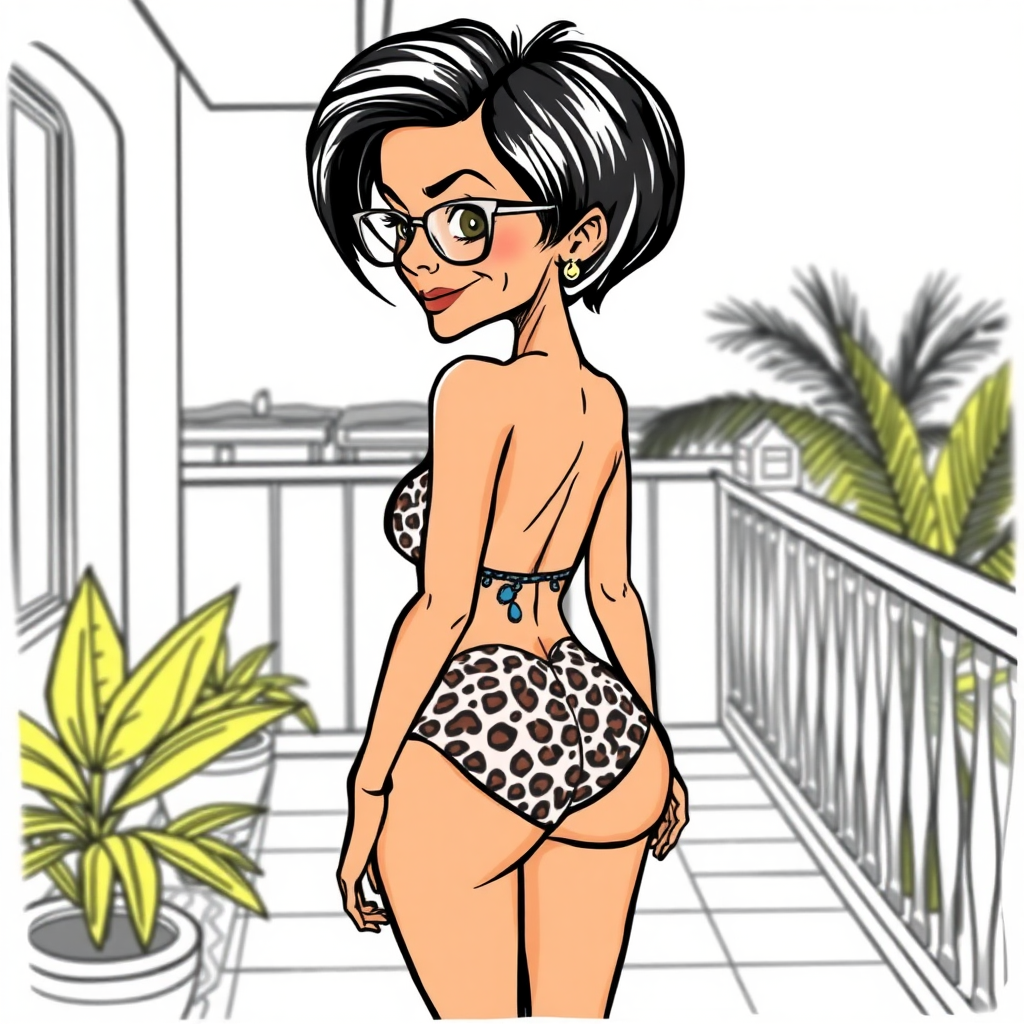 55 Years old, European, Latina, sharp aquiline nose, wrinkles, high cheekbones, Middle Eastern, Skinny, Tanned skin, Dark light skin, Rounded Medium breasts, Skinny thighs, round ass, full Makeup, jewelry, Serious face, Sharp nose, blushing, Ash hair, short bowl haircut, Brown eye color, Glasses, with detailed features. swaying hips, smiling, She is walking away, back side view, she is looking over her shoulder, she is wearing a leopard bikini, detailed fabric.  full body, high heels sandals,, suntanning on a balconey
long establishing shot, 2D, caricature, cartoon, Sketch lines, coloring book, coloring book style on white background, well composed, clean coloring book page, No dither, no gradient, strong outline, No fill, No solids, vector illustration, movement lines. realistic proportions