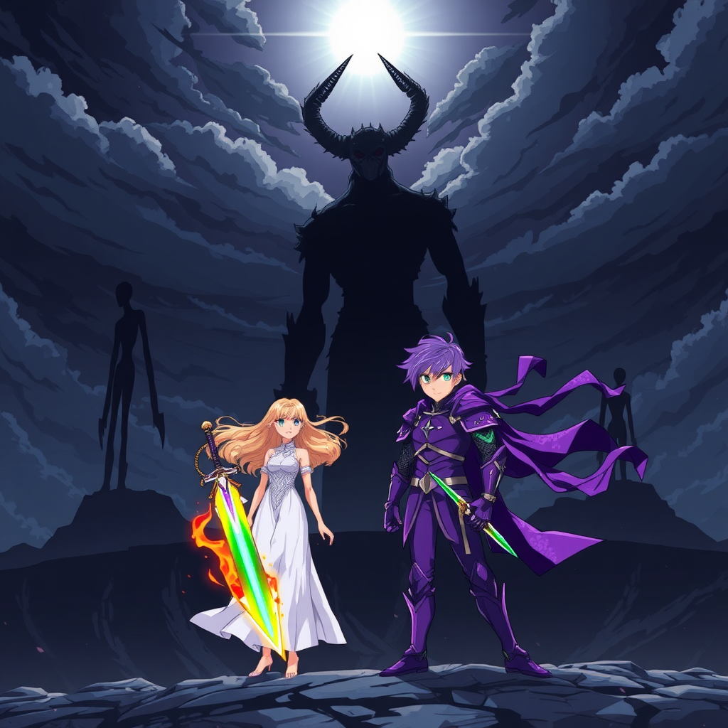 (Anime Style Pixel Art), In an apocalyptic world on the brink of collapse, dark, ominous skies loom over an abyss that stretches endlessly below. Three colossal humanoid beings, forged from pure darkness, tower menacingly. Two are slender, stick-figure-like silhouettes, while the third, a massive creature adorned with two twisted horns, embodies the void itself. Known as the Roaring Titans, they exude a sense of foreboding, their sole eye—a lens flare of white starlight—piercing through the gloom.

Amidst this chaos stands a badass teenage boy, his vibrant purple hair flowing defiantly in the wind. Clad in shimmering purple knight armor, he grips a rainbow-flaming sword, the colors swirling with an otherworldly energy. Beside him, a young woman in ethereal white robes, her golden hair shimmering like sunlight, exudes a calm resolve. Together, they face the impending doom, ready to confront the titanic darkness that threatens to engulf their world.