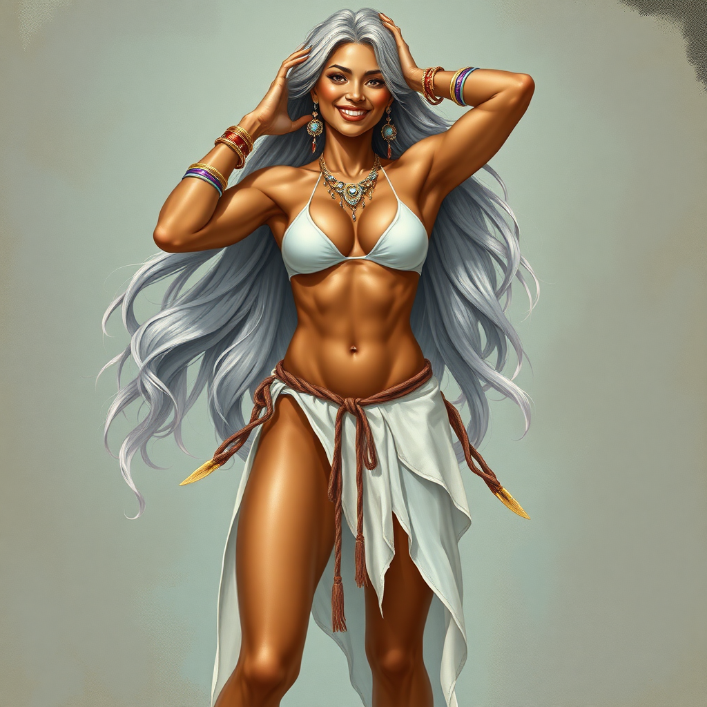 Uncommonly tall for a woman; being 6' (183cm) tall. She has brown skin and flowing silvery hair. She is barefoot and has long, powerful legs. She has abs and is muscular. Her fingers and toenails are painted sky-blue. Her attire consists of a white primitive scant revealing two-piece bikini-like outfit with pale red, sky-blue, gold and purple bands on her neck, arms, wrists, shins, and ankles. fantasy painting high contrast, symmetrical proportional asian face. well-drawn, highly detailed, and beautiful rendering. both hands behind head, exposing armpits, joyful smile, exaggerated tilted sexy pose.