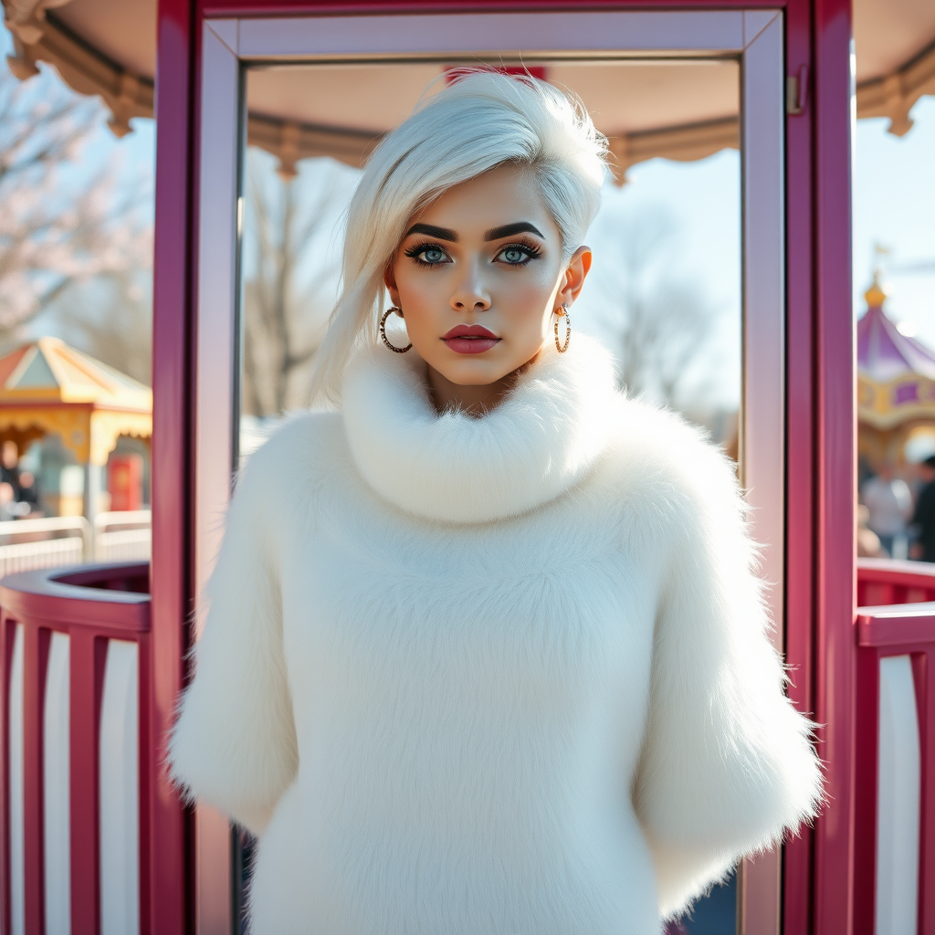 Amusement park “kissing booth”, sunny spring Sunday morning. Sam, 19 years old beautiful involuntary femboy, rebellious intractable character, petite boyish figure, platinum blond boyish rebel punk hairstyle, flawless heavily made-up face with sharp arched tattooed eyebrows, wearing Supertanya-style fluffy very fuzzy bright white angora thigh-length turtleneck-poncho fully covering body and arms, silver-glitter leggings, black leather high-heeled pumps, silver earrings, both hands tied behind back, standing inside kissing booth, waiting for next customer to kiss. Focus on Sam’s face and turtleneck-poncho.