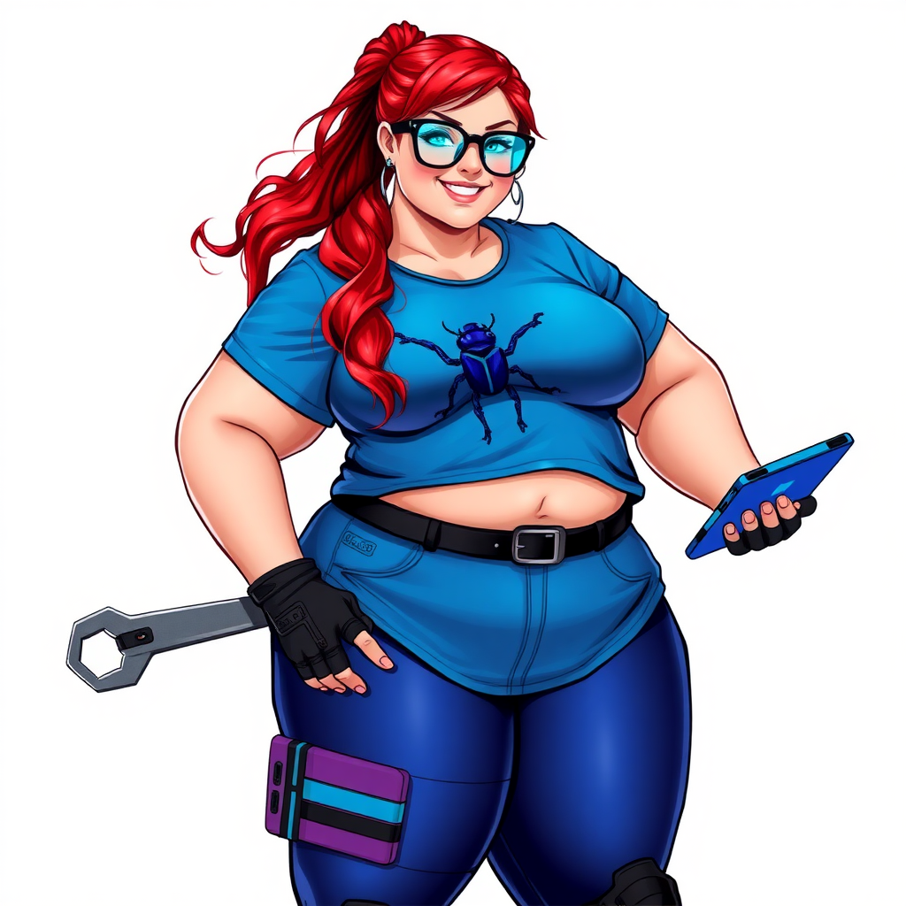 A 28-year-old, full-figured computer hacker and tech wiz girlfriend of a cyberpunk vigilante. Her long ponytail of ruby red hair, and striking, bright blue eyes make her stand out. Her wrecking ball-sized midsection, sequoia-sized limbs, and broad shoulders define her full figure, which has been heavily pampered by her doting boyfriend. Her nerdiness is blatantly obvious, and she serves as her boyfriend’s tech expert.

As the loyal and supportive sidekick, she plays a crucial role in their missions, using her digital and technological prowess to assist and protect. She wears an oversized maximum blue t-shirt adorned with a maximum turquoise beetle chest icon, black oversized eyeglasses, matching maximum blue biker pants, and black high-tech gloves. She beams with a neon red blush, holding a futuristic wrench and a digital holographic tablet. She is on a solid white background. She is drawn as if she was in a retro 2D cyberpunk fighting game. Her proportions are bloated to emphasize her figure.