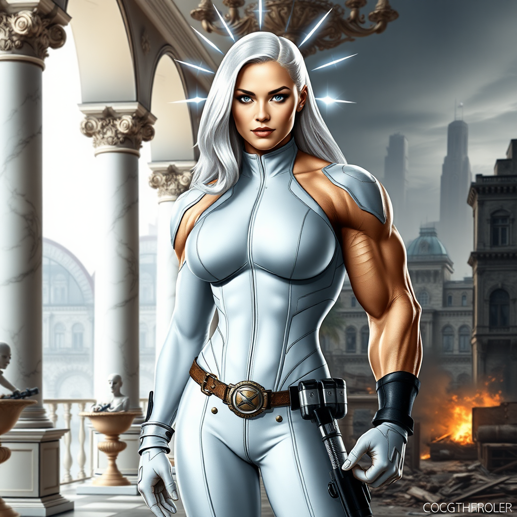 Generate a full-length photorealistic image of Emma Frost, her head intact—including long platinum hair, piercing blue eyes, and distinctive facial features. Replace her body with Marcus Fenix's muscular, battle-scarred male physique, emphasizing broad shoulders, defined arms, rugged torso, and powerful legs. Retain Emma's signature white costume, altered to accommodate the new masculine frame, featuring larger shoulder pads, a tailored torso piece, and form-fitting leggings. Design the background blending elements from both characters: the opulent, grandeur of Emma's mansion, complete with marble pillars and ornate decorations, transitioning into the gritty, war-torn landscapes of Marcus's world, filled with dilapidated buildings and COG tags. Include subtle telekinetic energy effects around Emma's head to emphasize her psychic powers.