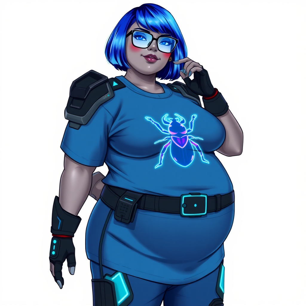 A 28-year-old, full-figured, metallic middle gray skinned computer program hybrid with a vibrant maximum blue bob cut. She has a non-athletic build, highlighted by a prominent, round, large midsection (fully emphasizing her round large belly) while being covered by her large t-shirt, reflecting her new junk food eating habits influenced by her boyfriend. As the full-figured, nerdy, digital sidekick to her cyberpunk vigilante boyfriend, her middle gray metallic skin and maximum blue lipstick underscore her digital essence. She dons a digital, computerized outfit: a large, tight-fitting, high-tech, maximum blue t-shirt with neon blue glowing beetle themed accents complete by a giant neon blue glowing beetle icon on the chest, hi-tech shoulder pads with neon blue accents, a black hi-tech belt with a digital sapphire beetle buckle, digital maximum blue pants with neon blue accents, and black hi-tech gloves with neon blue glowing accents. Her neon blue glowing eyes, black eyeglasses with neon blue lenses equipped with a built-in HUD, and shy smile with neon red blush highlight her nerdiness. She stands bashfully with one hand behind her back and the other gently touching her cheek, her outfit covering all her bare skin and fully emphasizing her full-figured physique (especially her large belly). She is clearly non-athletic, with a heavy focus on her full-figured physique (with full emphasis on her large belly). Despite her build, she radiates beauty. Her slim face contrasts with her physique, accentuating her radiant beauty. She is set against a solid white background. She is drawn as if she were in a retro 2D cyberpunk fighting game.