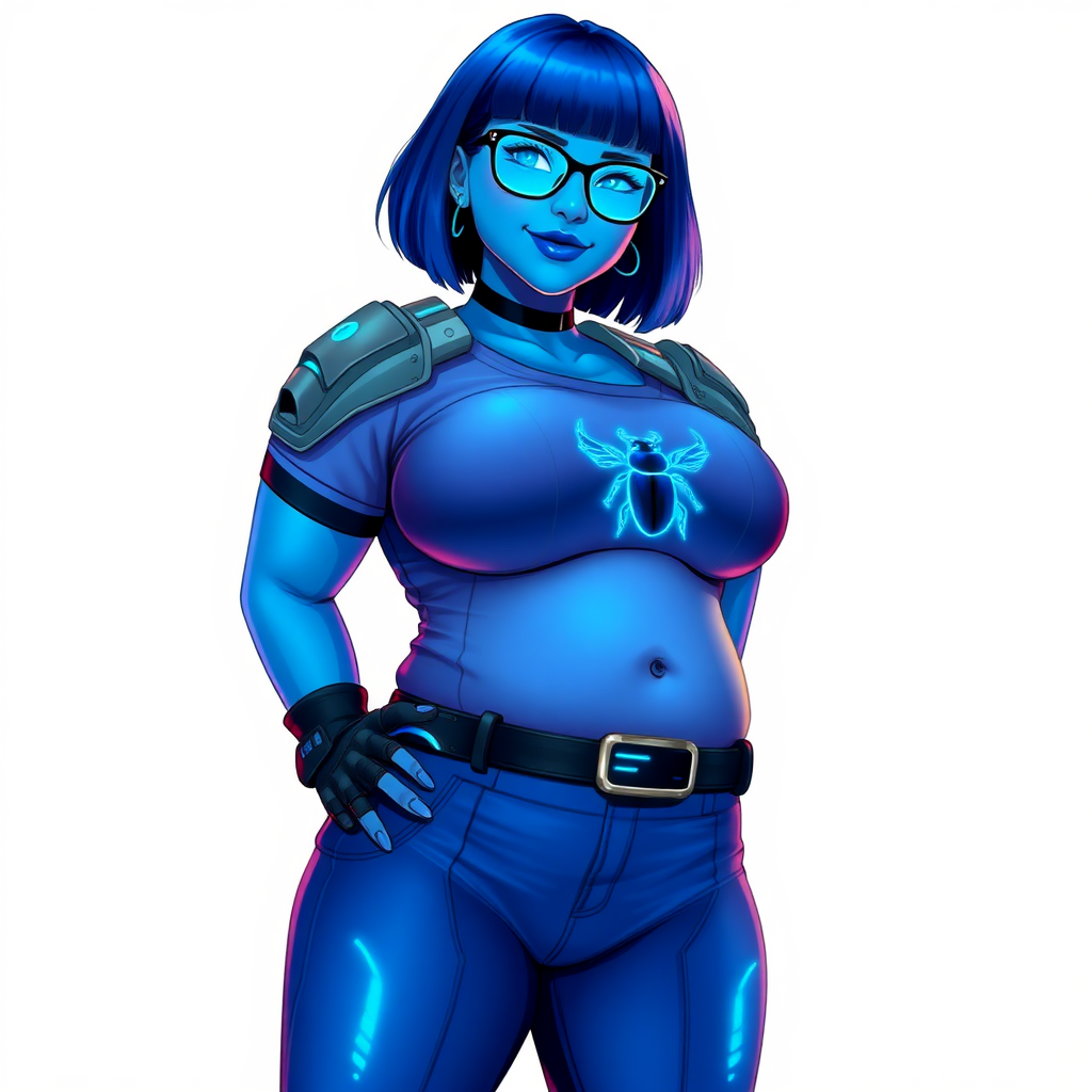 A 28-year-old, full-figured, metallic maximum blue (5PB 5/10) skinned computer program hybrid with a maximum blue bob cut. She has a non-athletic build, highlighted by a prominent, round, large midsection (with full emphasis on her round belly), which shows the effects of her love of junk food acquired from her boyfriend. As the full-figured, nerdy, digital sidekick to her cyberpunk vigilante boyfriend, her metallic maximum blue skin and maximum blue lipstick (5PB 5/12) emphasize her digital nature. Her skin has a subtle, animated glow, with digital patterns occasionally flickering across it, making her digital nature obvious. She wears a digital, computerized costume, consisting of a massive, tight-fitting, maximum blue biker shirt (5PB 5/12) made out of advanced nanotech with a neon blue chest icon of a beetle, hi-tech shoulder pads with neon blue accents, a black hi-tech belt with a digital neon blue glowing buckle, digital maximum blue biker pants (5PB 5/12) with neon blue accents, and black hi-tech fingerless biker gloves with neon blue glowing accents. Her neon blue glowing eyes, black eyeglasses with neon blue glowing lenses equipped with a built-in HUD, and bashful smile with neon red blush accentuate her nerdiness. She stands bashfully with one hand behind her back and the other hand gently touching her cheek, her costume covering all her skin (especially her midsection) and fully emphasizing her full figure (especially her round belly). She is clearly non-athletic, with a focus on her full-figured physique. Despite her build, she radiates beauty. She has a slim face compared to her physique, accentuating her radiant beauty. She is on a solid white background. She is drawn as if she were in a retro 2D cyberpunk fighting game.