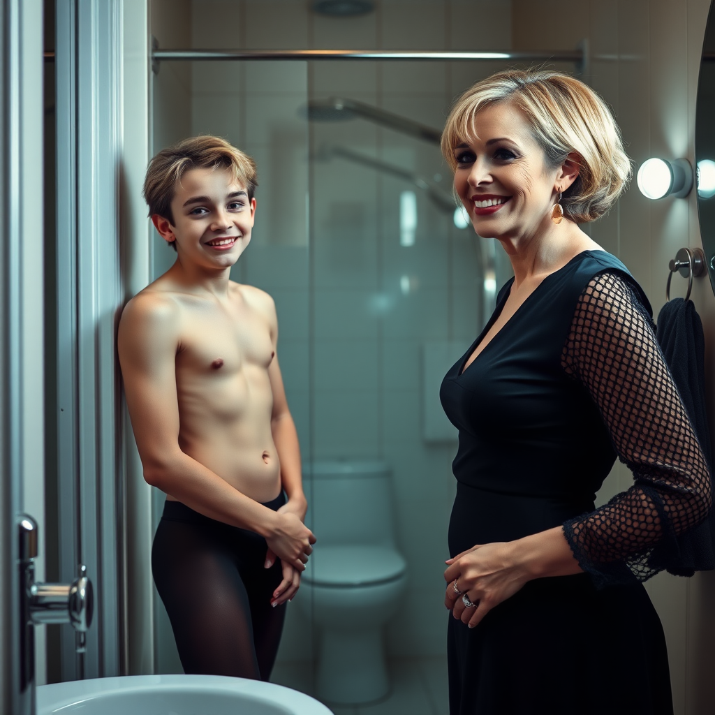 photorealistic, ultra high resolution, 16K, surreal fantasy, studio lighting, a 35 year old mother who is fully dressed for work is watching her pretty 14 year old goth son, slim male physique, short blonde hair, goth makeup, earrings, pantyhose, white ballet shoes, in the bathroom, excited smile, facing the camera.