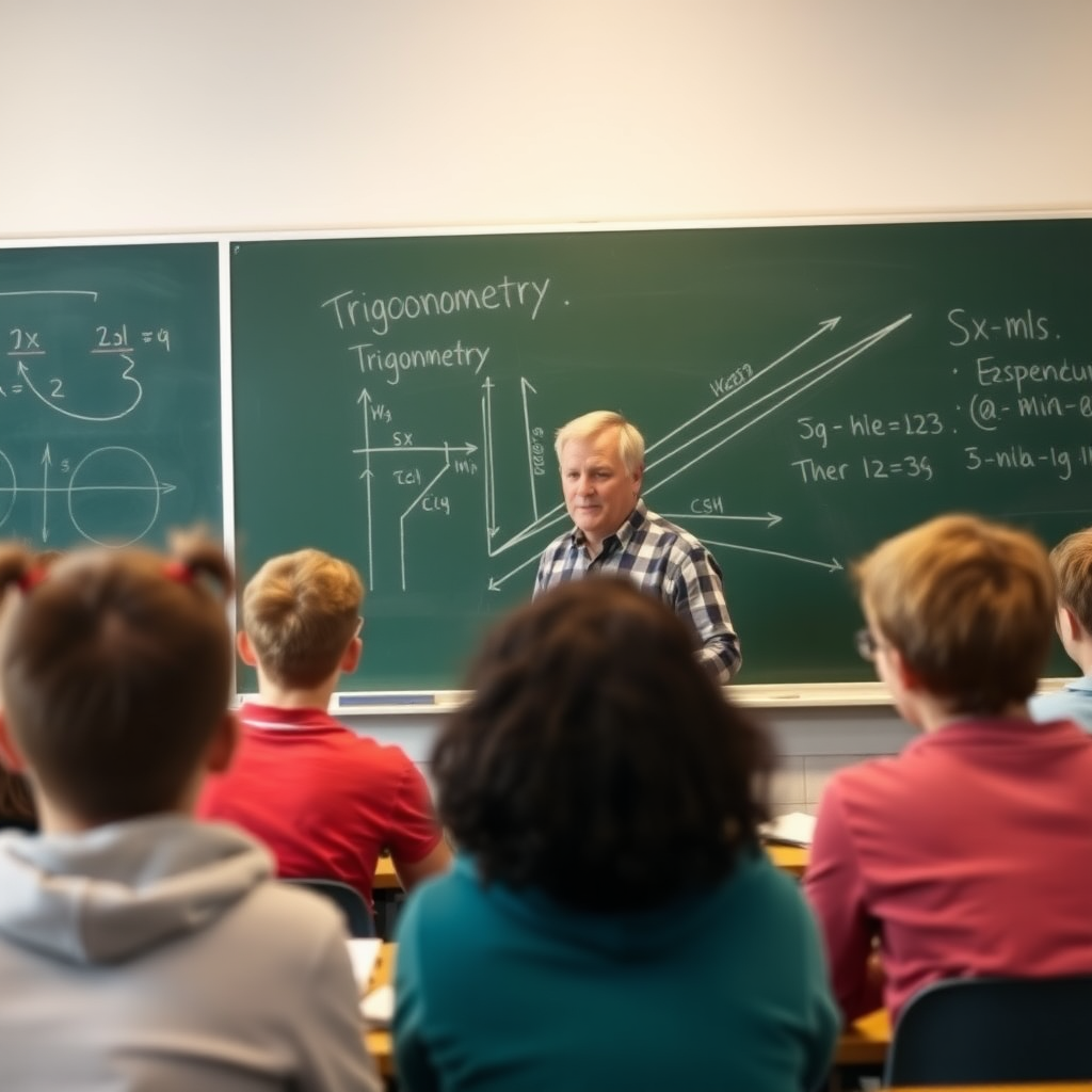 A middle aged male teacher in front of a class teaching trigonometry. He is diagramming on the chalk board. In the class are a bunch of high school kids who seem very interested.