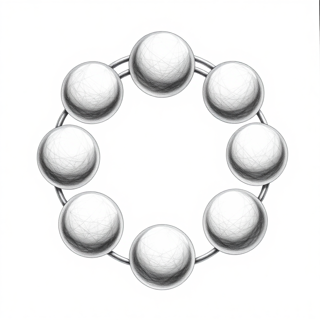 A ring of five connected spheres in three dimensional space, thick connectors, symmetric, drawing, impossible, pencil, black and white