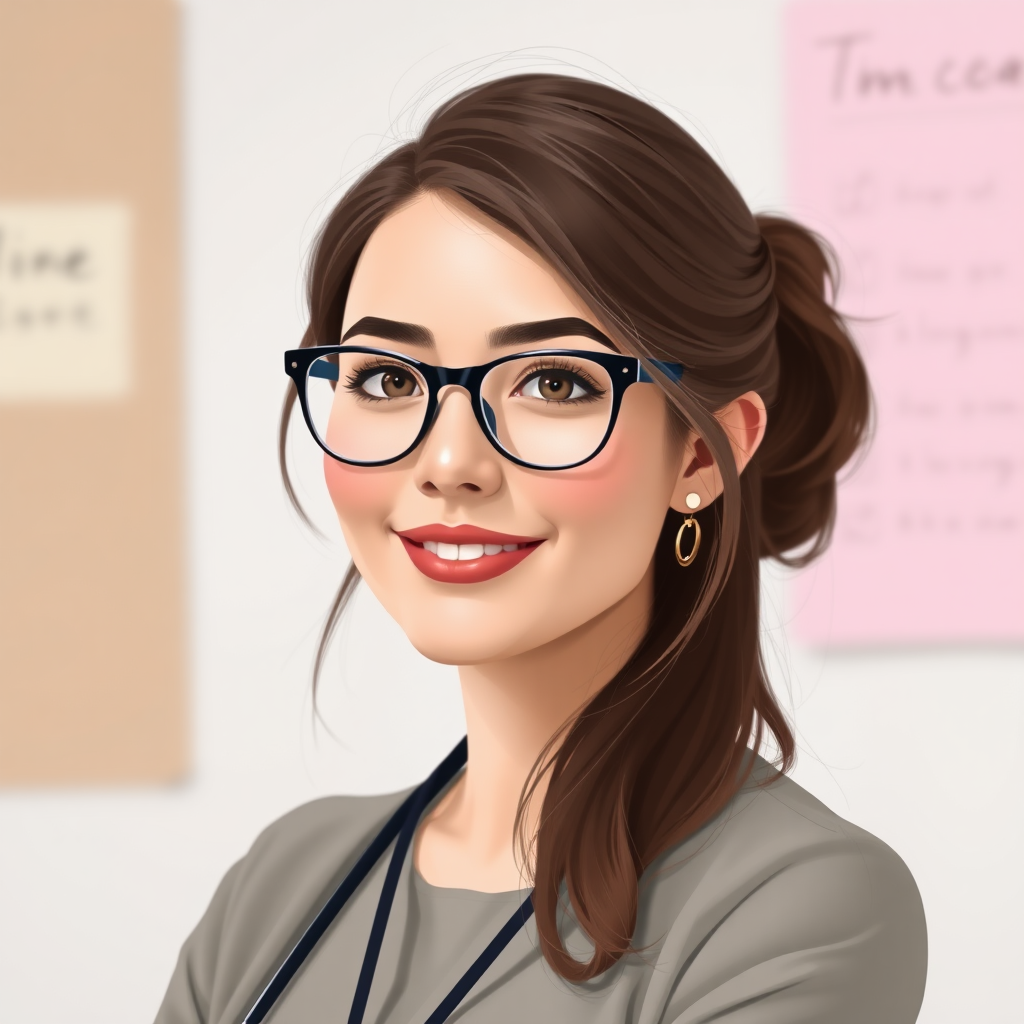 Help me create a female teacher, with a graceful figure and charm, wearing glasses, around the age of twenty to thirty.