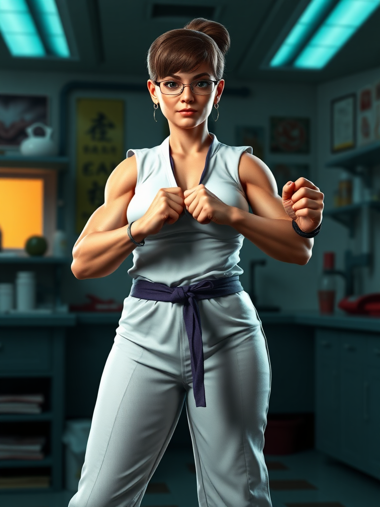 Create a hyper-realistic full-length render of Dexter's Mom from Dexter's Laboratory, maintaining her original head while transforming her body to resemble the muscular structure and silhouette of Ryu from Street Fighter. Ensure the proportions are dynamic and reflect the strength of Ryu’s physique, harmonizing with Dexter's Mom's character. The background should blend elements from both universes, incorporating a lab environment that hints at Dexter’s creations while including martial arts aesthetics. Pay attention to lighting and textures to enhance realism in the render, showcasing the unique fusion of these iconic characters.