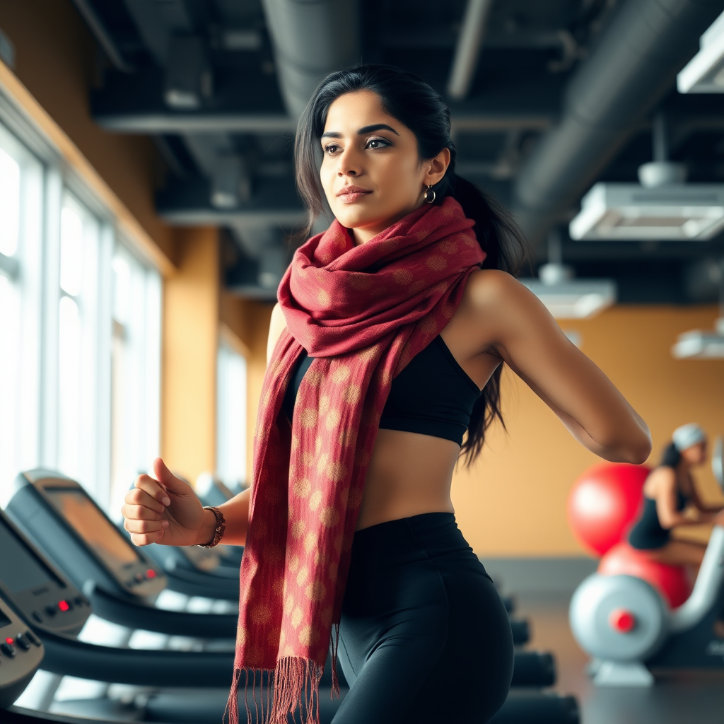 slim, Indian wife, scarf, working out on Treadmill in gym