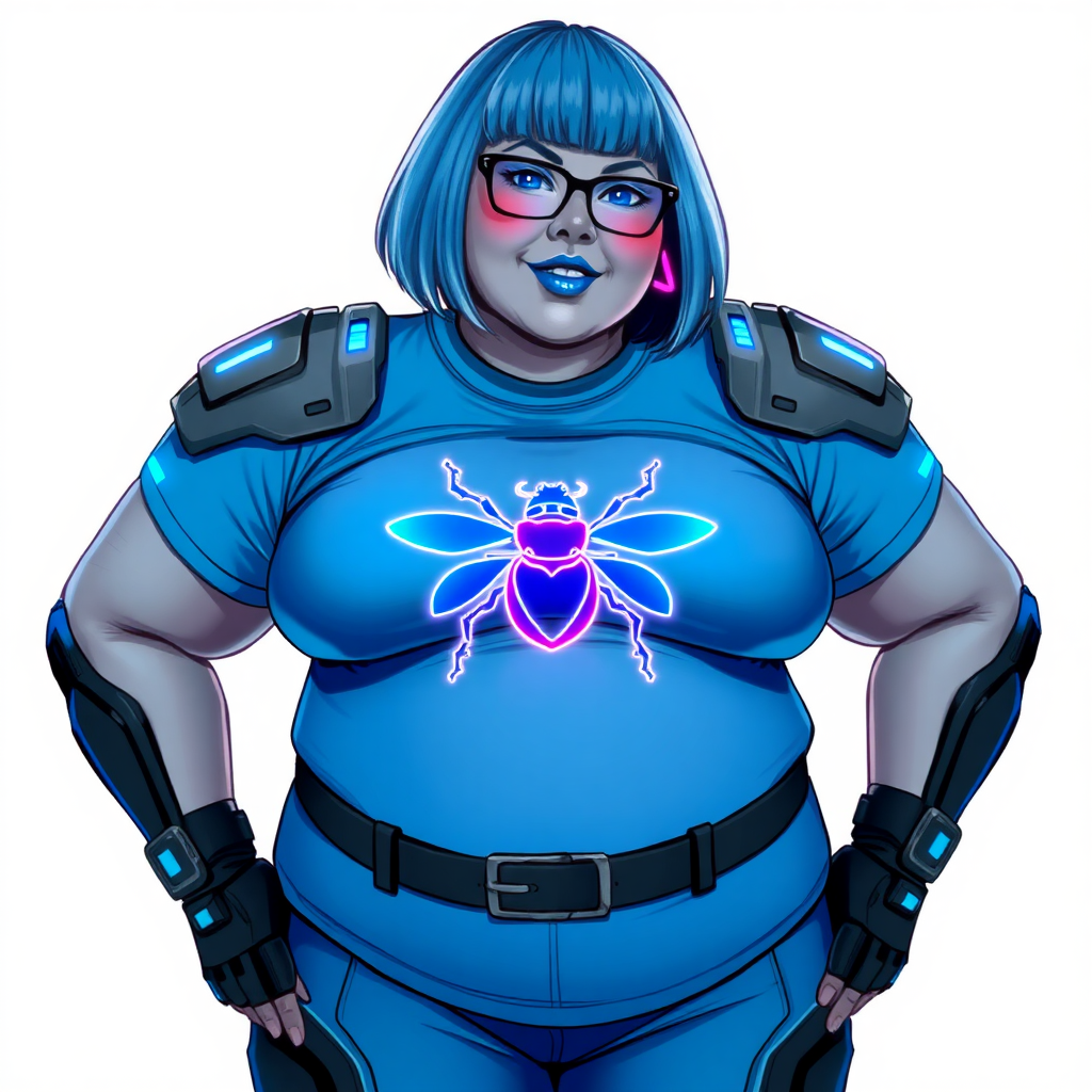 A 28-year-old, full-figured, middle gray skinned computer program hybrid with a maximum blue bob cut. She has a non-athletic build, highlighted by a prominent, round, large midsection (with emphasis on her belly), which shows the aftermath of her pampering. As the heavily pampered digital sidekick to her cyberpunk vigilante boyfriend, her middle gray metallic skin and maximum blue lipstick emphasize her digital nature. She wears a digital, computerized costume consisting of a huge, tight-fitting, maximum blue t-shirt with a neon blue glowing chest icon of a beetle, hi-tech shoulder pads with neon blue accents, a black hi-tech belt with a digital neon blue glowing buckle, digital maximum blue biker pants with neon blue accents, and black hi-tech fingerless biker gloves with neon blue glowing accents. Her neon blue glowing eyes, black eyeglasses with a neon blue glowing HUD built in its lenses, and shy smile with neon red blush accentuate her nerdiness. She stands bashfully with her hands behind her back, her costume covering all her skin and emphasizing her full-figured physique (especially her belly). She is clearly non-athletic, with a focus on her full-figured physique. Despite her build, she radiates beauty. She has a slim face compared to her physique, accentuating her radiant beauty. She is on a solid white background. She is drawn as if she was in a retro 2D cyberpunk fighting game.