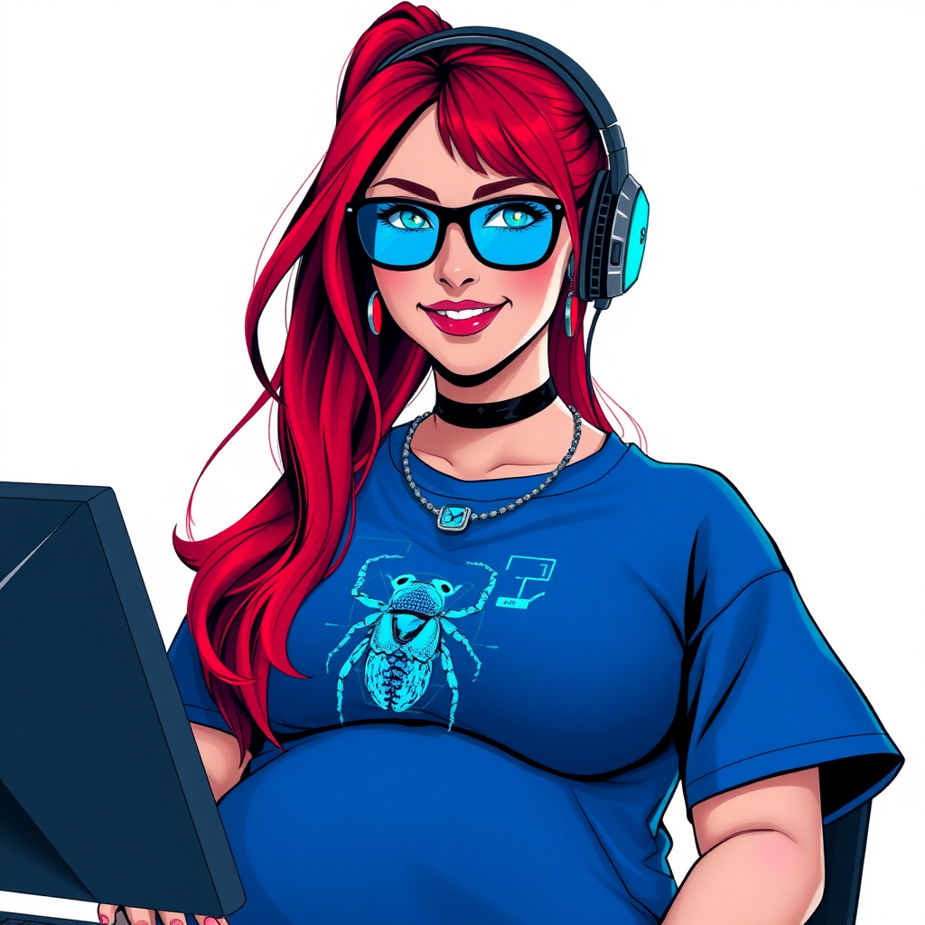 A cyberpunk vigilante’s full-figured intelligent and tech-savvy 28-year-old girlfriend, who is a computer hacker and tech genius. She has a long ruby red ponytail. She wears maximum blue lipstick, bright blue eyes, a sapphire beetle gemstone necklace, sapphire earrings, black eyeglasses, and an oversized maximum blue t-shirt featuring a blue sapphire gemstone crusted beetle chest icon. She has a full-figured physique with a prominent, massive, round belly, reflecting her well-cared-for lifestyle. She sports a sapphire headset with a hi-tech maximum turquoise lensed HUD, and a shy smile with a neon red blush. She serves as his tech expert from his hideout, diligently working at her lab table computer desk. The background is solid white. She is drawn as if she was in a retro 2D cyberpunk fighting game. Ensure her t-shirt covers her belly.