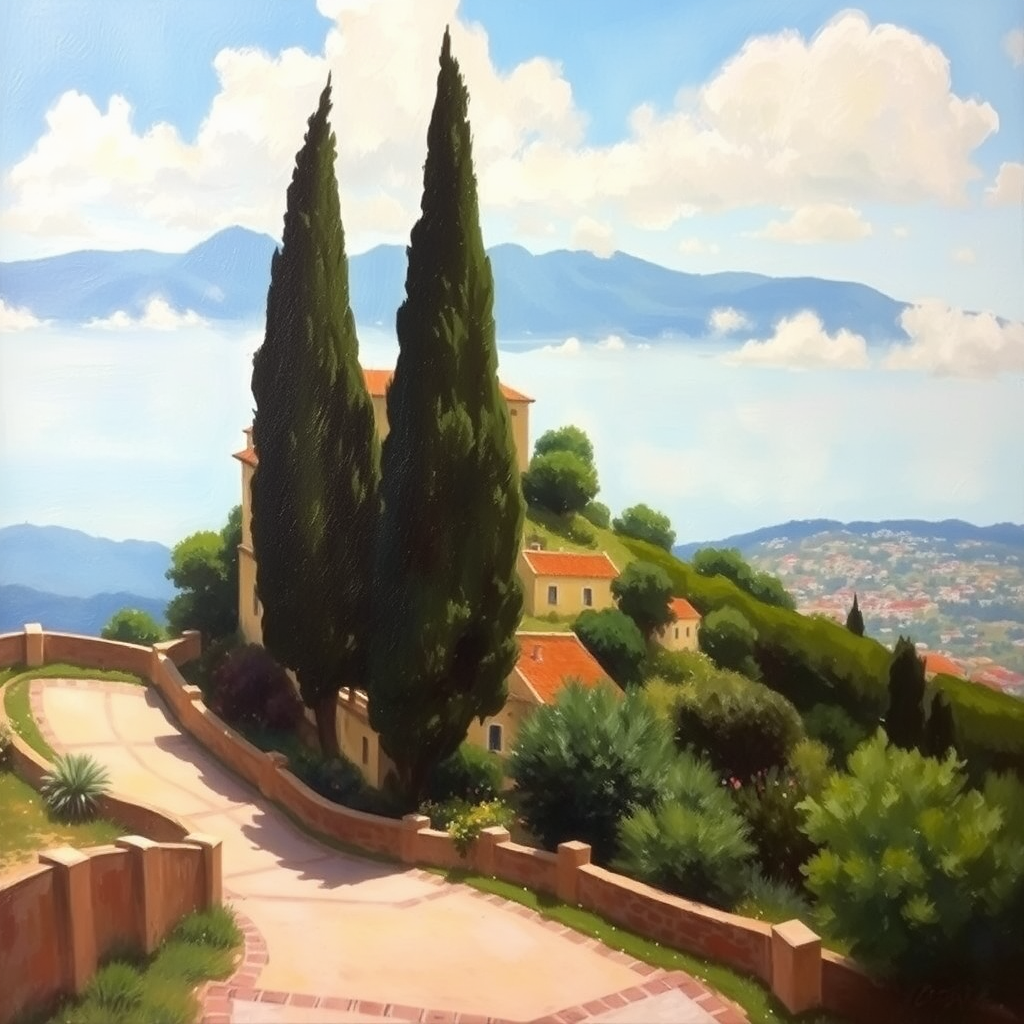 classic painting of a hill in Nice, Provencal style, oil painting