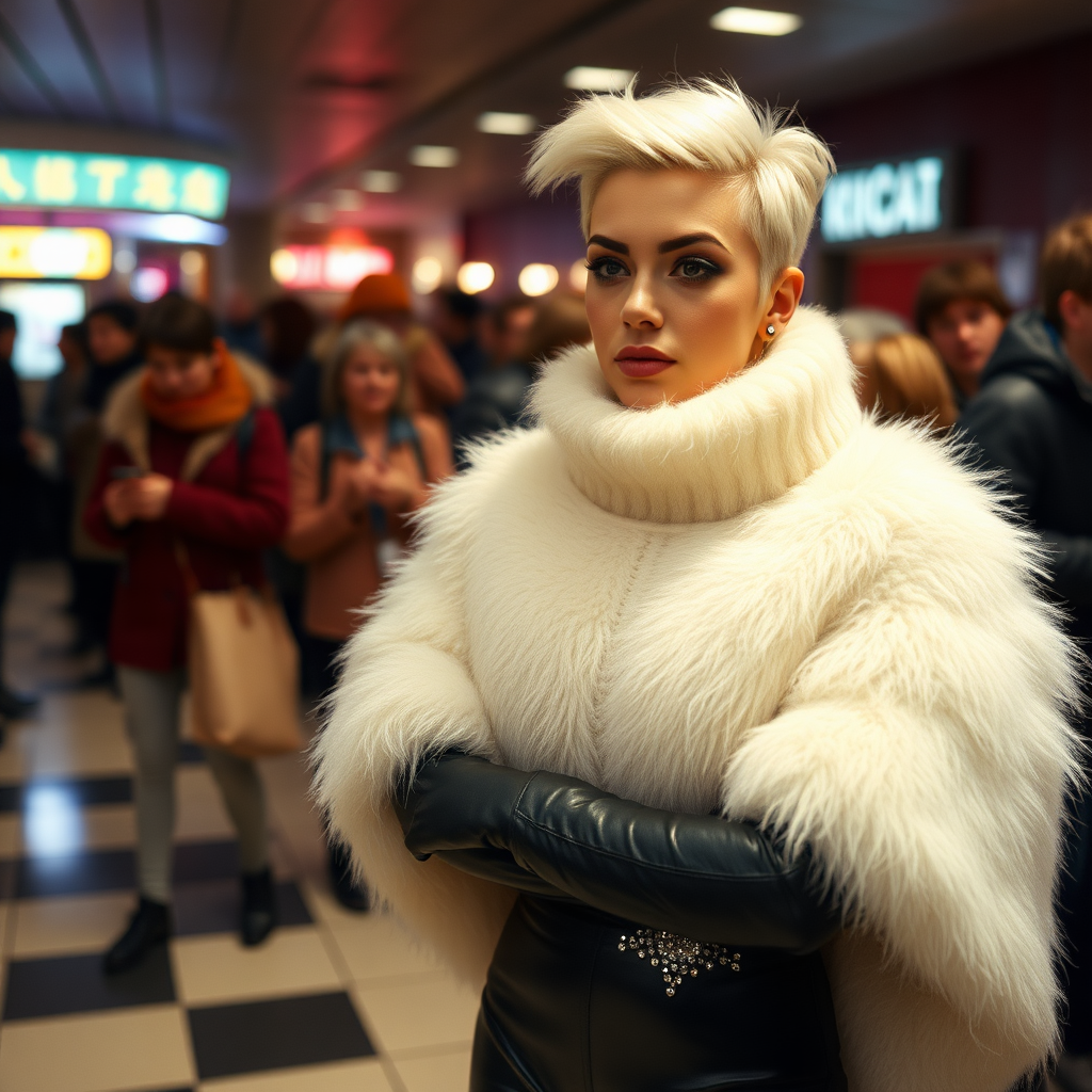 1990 winter evening, crowded cinema lobby: Sam, 19 years old beautiful involuntary femboy, rebellious intractable character, petite boyish figure, platinum blond boyish rebel punk hairstyle, flawless heavily made-up face with sharp arched tattooed eyebrows, wearing Supertanya-style fluffy very fuzzy bright white angora thigh-length turtleneck-poncho fully covering body and arms, silver-glitter leggings, black leather high-heeled pumps, silver earrings, puzzled alarmed, pout serious, impatiently waiting for her master. Full view, focus on Sam’s face and turtleneck-poncho.