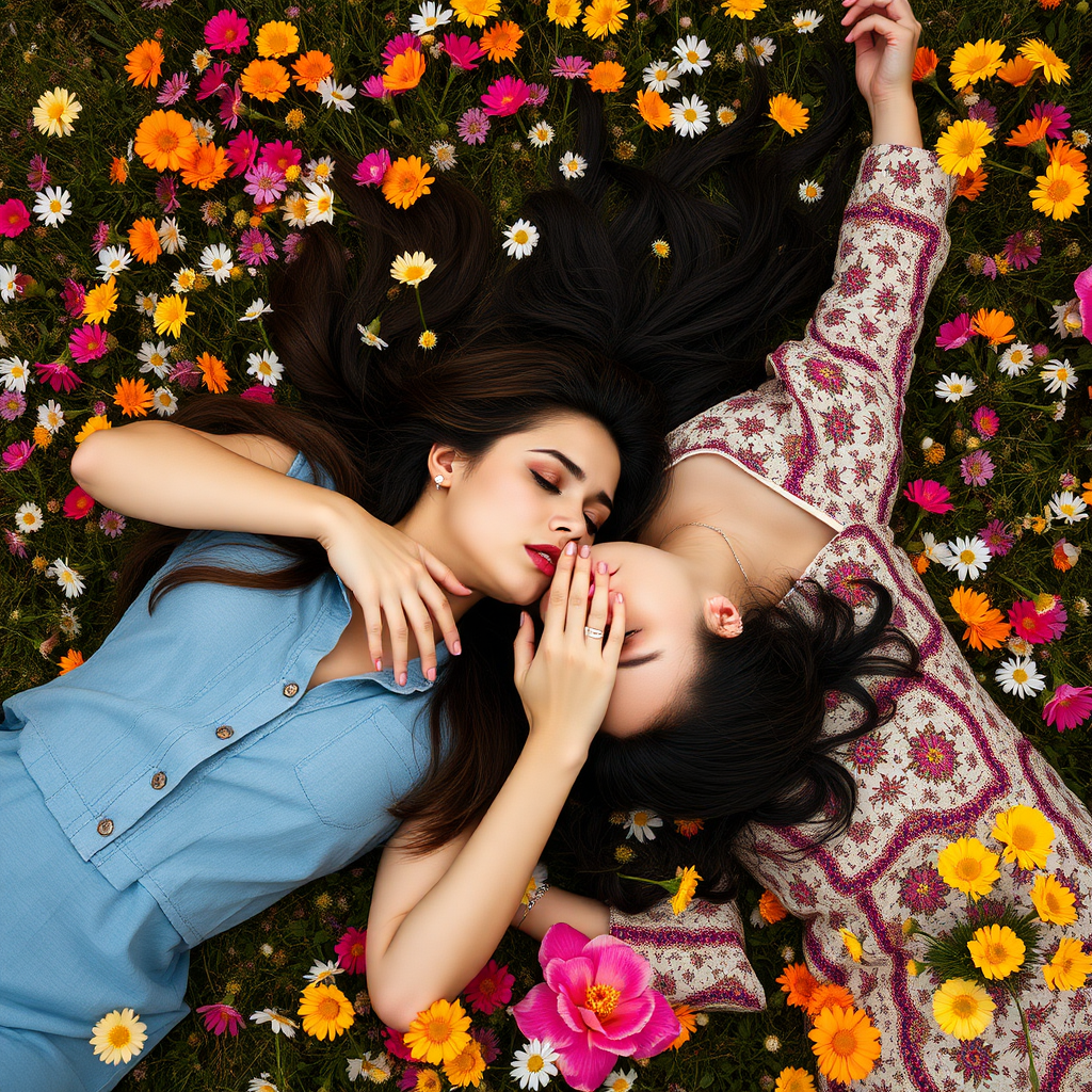 Two women laying in a field of flowers, hugging and kissing