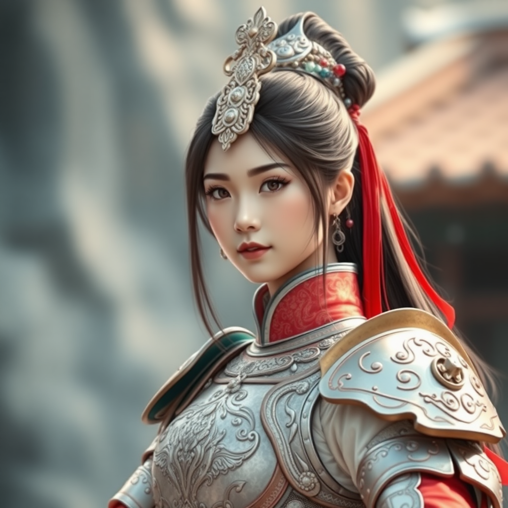 A pure and beautiful armored Chinese real girl hero.