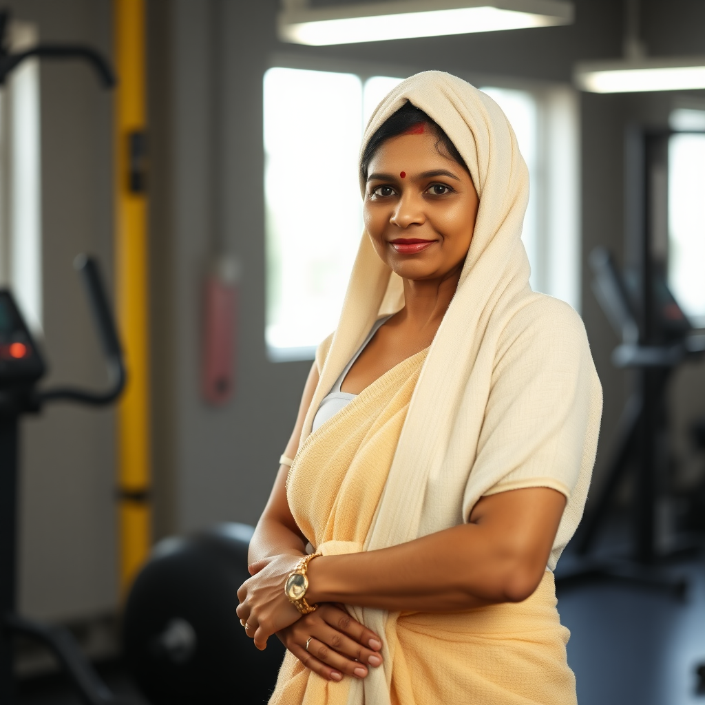 Indian housewife, wrapped in towel, standing in gym