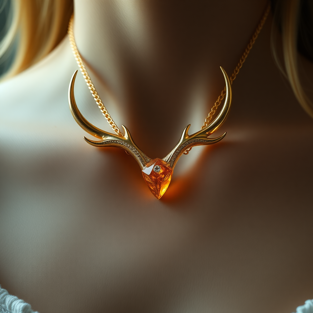 /imagine Minimal pendant fire resin pendant in deer's horns style attached with golden chain on neck of a girl, in the style of deer's horns, bent structure fairy tale, adafruit, tonalism, light gold, inside a ring box , direct light, avant-garde style with diamonds to each horn