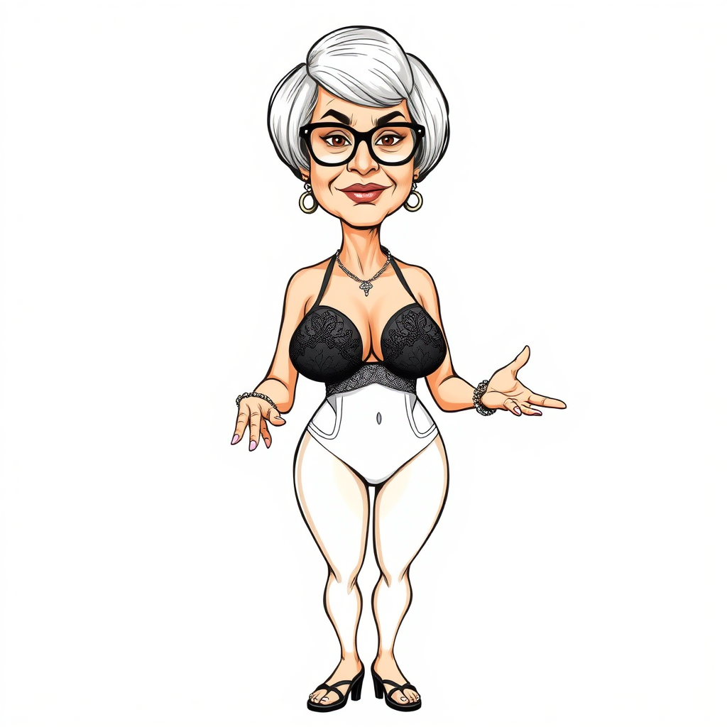 a towering 55 Years old, fit, slim, European, Latina, sharp aquiline nose, wrinkles, high cheekbones, Middle Eastern, Skinny, Tanned skin, Dark light skin, Rounded Medium breasts, Skinny thighs, full Makeup, jewelry, Serious face, Sharp nose, Ash hair, short bowl haircut, Brown eye color, Glasses, with detailed features. she is wearing embroidered black mesh balconette bras and a tight white high cut 1980s mesh cut out swimsuit, detailed fabric.  full body, high heels sandals, she is gesturing at the viewer, sweating, 
long establishing shot, 2D, caricature, cartoon, Sketch lines, coloring book, nlack and white, coloring book style on white background, well composed, clean coloring book page, No dither, no gradient, strong outline, No fill, No solids, vector illustration, realistic proportions