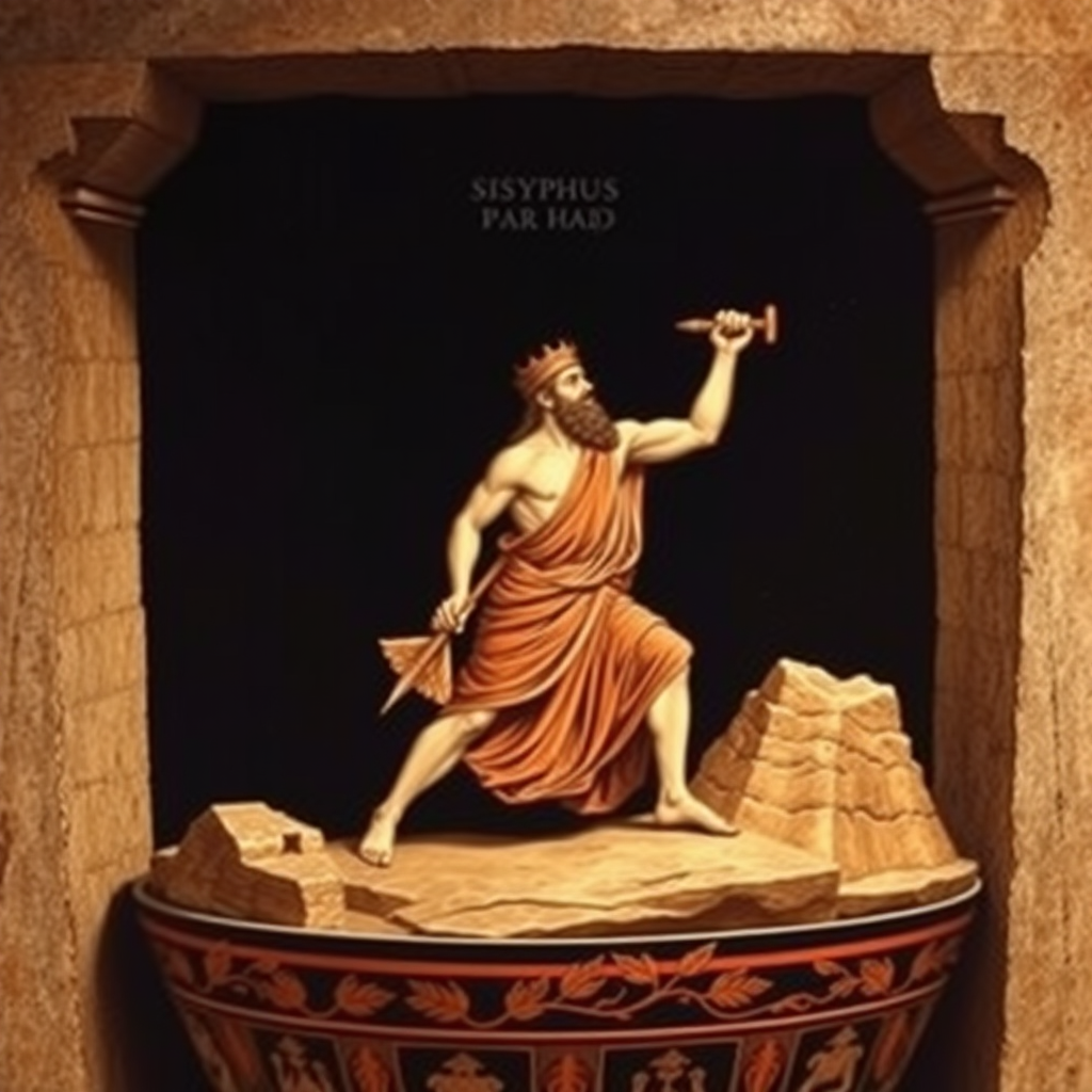 Sisyphus when he was still the King of Corinth before he was punished by Zeus. In a style of old Greek Mythology vase paintings