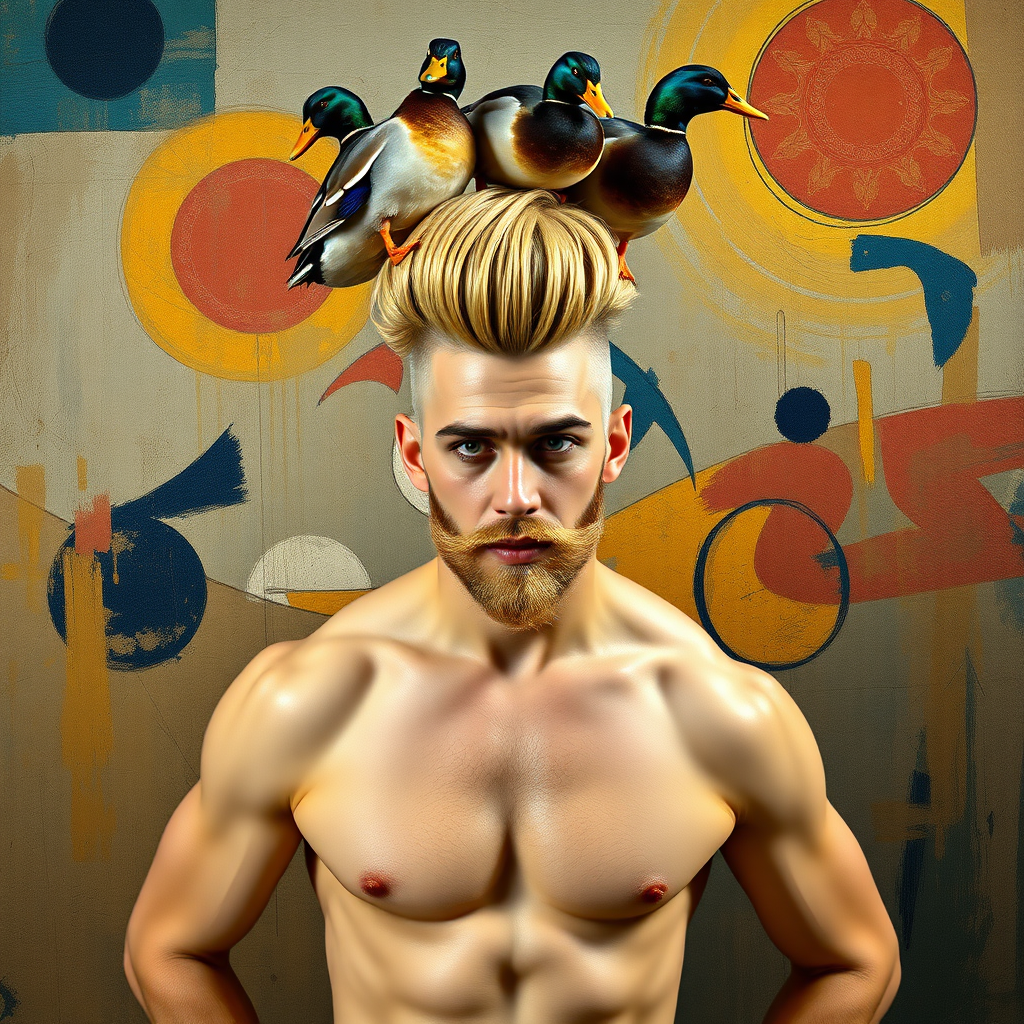 The background is a painting by Kandinsky. A 4K hyper-realistic photograph in the style of Kandinsky, blending surrealism with kitsch. The subject is a man with an extravagant, Italian blond haircut, styled in a flamboyant bun, paired with a sexy, masculine look. He sports a neatly groomed, three-day beard — short, evenly distributed, with a light shadow effect across the chin, jawline, and cheeks. His makeup is dramatic, like a drag queen, adding to the boldness of his appearance. He has a muscular, athletic build. He’s naked, standing confidently with his hands on his hips. Above him, smaller ducks rest playfully on his head.