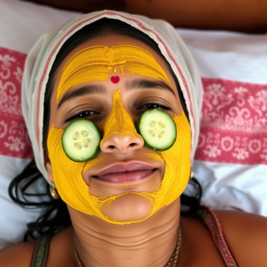 A skinny, traditional, 30 year old Indian wife with hair covering, wearing a bra, lying on a bed. Her face is covered with turmeric face mask, and her eyes are covered with cucumber slices. She looks satisfied from her facial expression.