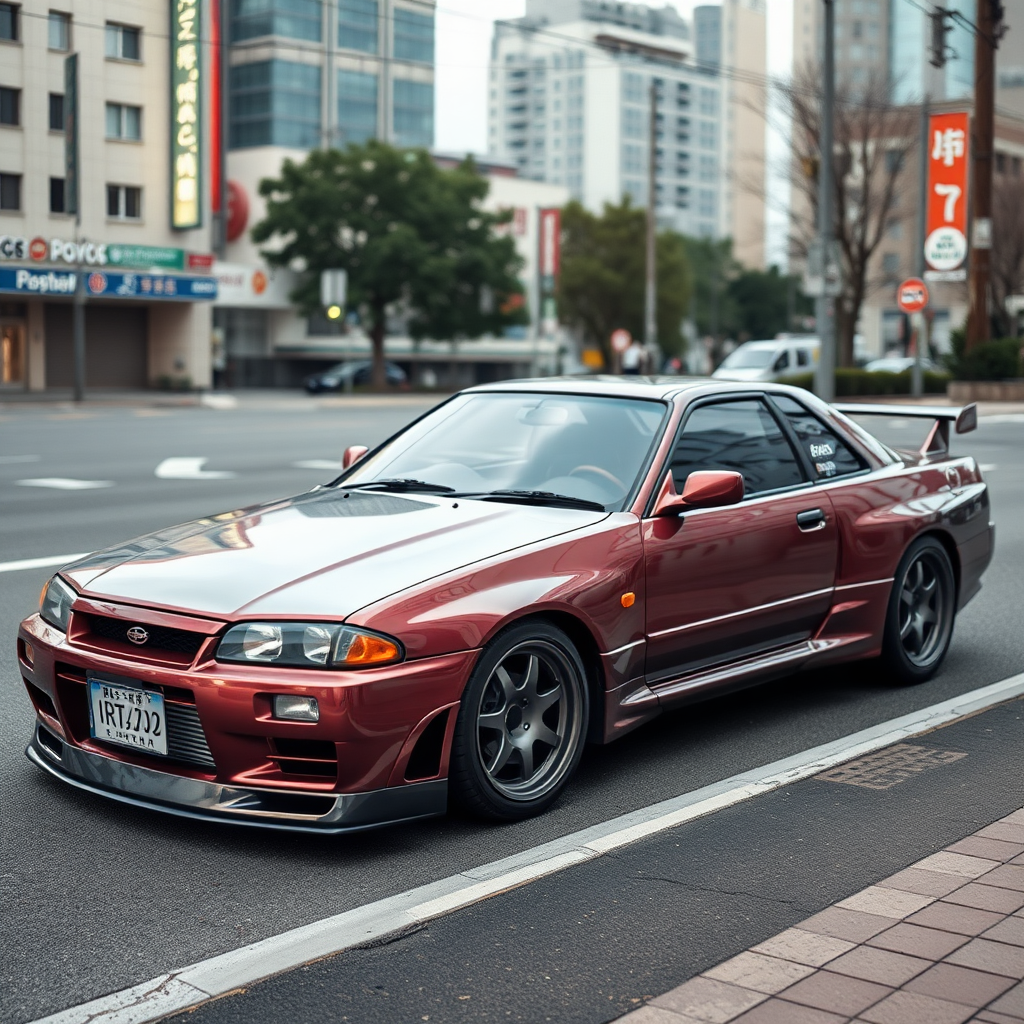 the car is parked on the side of the road, inspired by Taiyō Matsumoto, tumblr, restomod, nd4, c4 metallic shine nissan skyline r34 kalabalik tokyo gece arkaplan