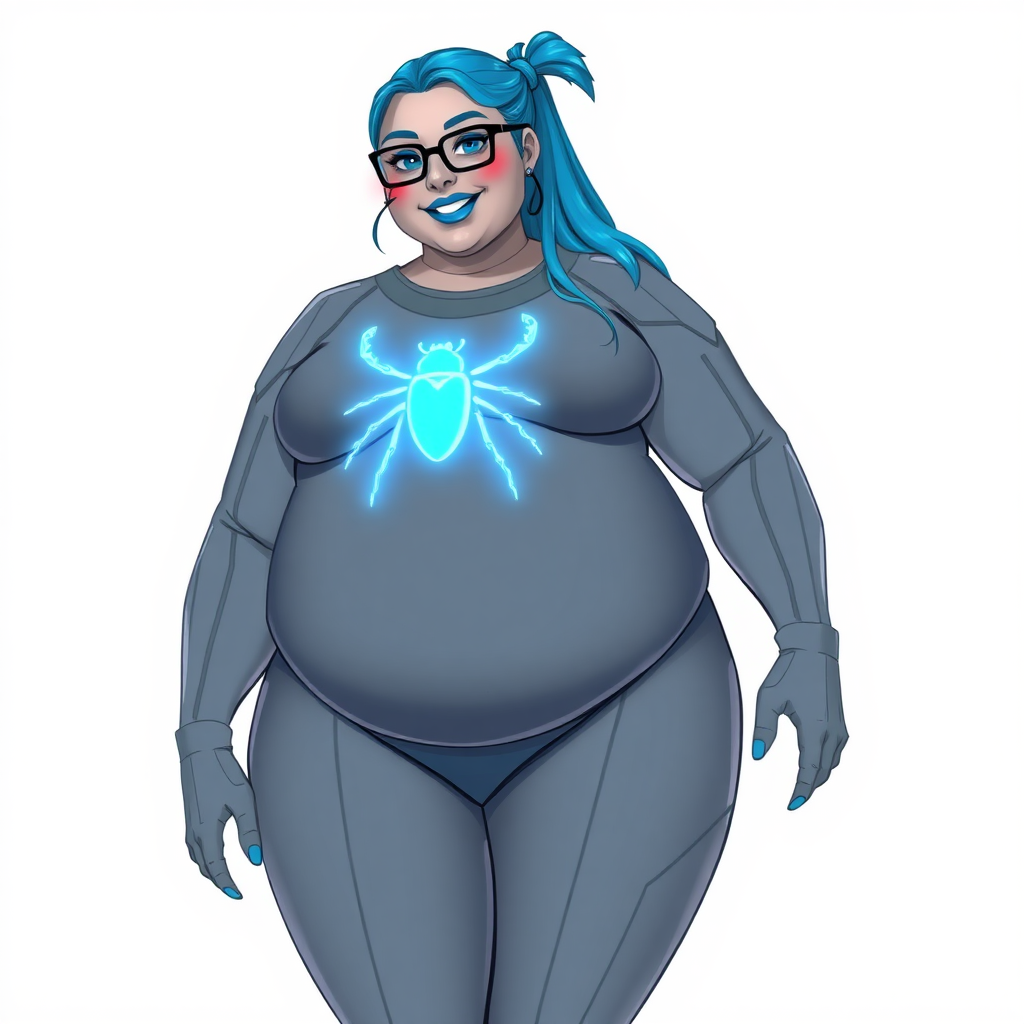 A 28-year-old computer science major embracing her new life as her cyberpunk vigilante boyfriend's nerdy, full-figured middle gray-skinned computer program hybrid girlfriend and digital sidekick with a long, maximum blue ponytail. She wears maximum blue lipstick and has bright blue eyes. Her outfit includes a digital, computerized, middle gray bodysuit (accentuating her gargantuan midsection) featuring a neon blue glowing beetle chest icon. She sports black eyeglasses, with a beaming smile and neon red blush. Her full figure reflects the doting care of her vigilante boyfriend. She uses her power to hack into computers and machines to serve as her hero's minicomputer operating out of his hi-tech wristwatch and supercar's supercomputer. The background is solid white. She has a prominent, round, gargantuan midsection. Her midsection is bloated to emphasize her physique. Her middle gray metallic skin shows her digital nature. She is drawn as if she was in a retro 2D cyberpunk fighting game.