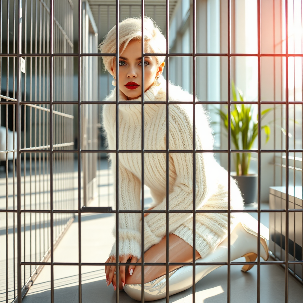 Sunny spring morning, modern glass-steel-concrete office, kneeling inside locked small steel cage, waiting for the master: Ana, European 17 years old very convincing femboy “trophy-bimbo”, tamed servile docile, very beautiful feminine flawless face, rather short boyish figure, platinum blond short tight curls, bold red lips, heavily made-up face, long French nails, wearing Supertanya-style chunky fluffy very fuzzy bright white plushy mohair figure-hugging turtleneck-knitdress with white pearl decoration, white vinyl thigh-high boots with golden heels white fur trim, pearl earrings, serious, leaning forward presenting her assets, arrogantly looking through grid at camera. Full view of office.