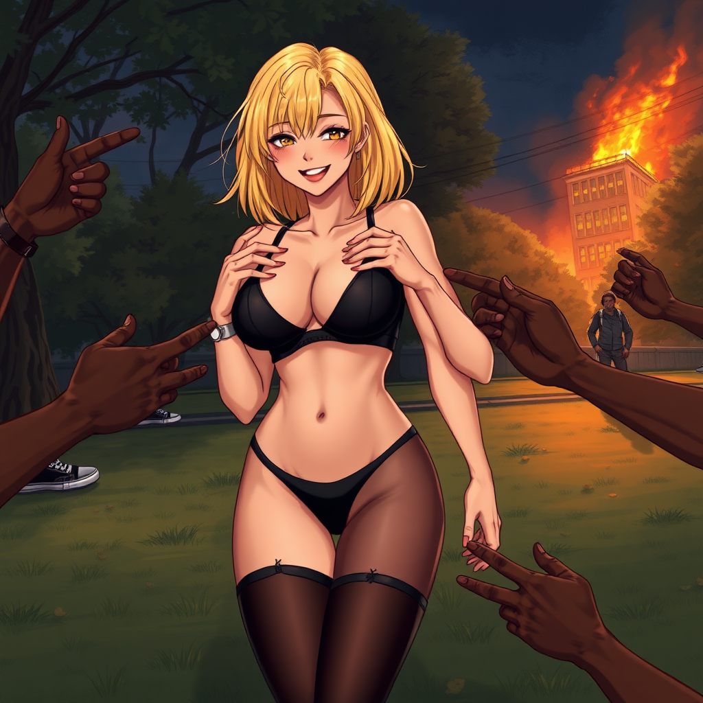 Anime art of 2 women and hands of thug black-African rioters next to her touching and grabbing her all over, medium blonde hair, wicked smile, a black, sleeveless crop top that reveals the woman's falling-down black bra and a high-waisted, wicked smile, large breast, wearing ripped black thong underwear. She is also wearing black sheer tights and black sneakers with white laces, in Park and 1 building on fire at night from riots background.