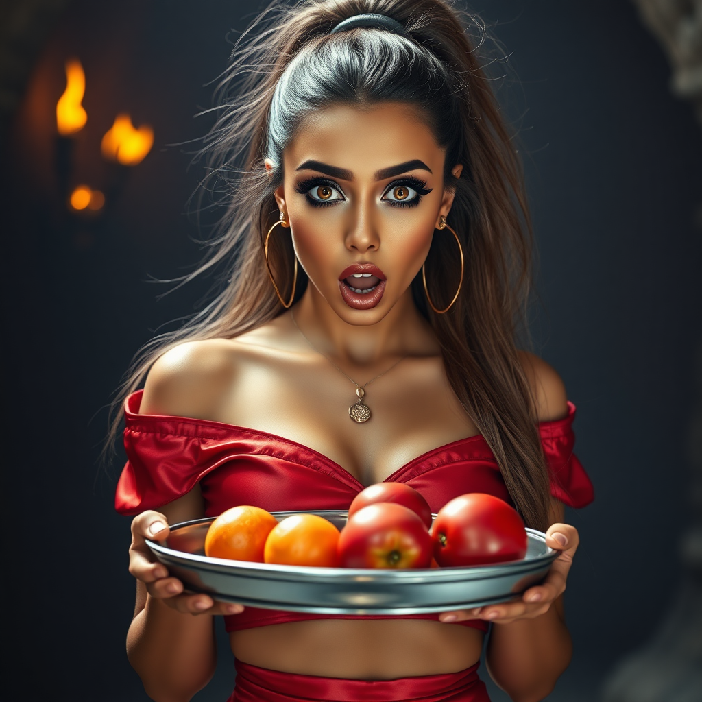 realistic photo of a surprised Arabian model with mouth open. She has very large eyes, black eyeshadow, black eyeliner, fake eyelashes, very tanned skin, very long hair. very high ponytail, she look likes princess jasmine, shinny red off shoulder crop top. photo realistic. She holds a metal tray with fruits just above her waist. crop top, shinny red skirt. full body view. shinny red pencil skirt. dungeon with fire torches in the background.