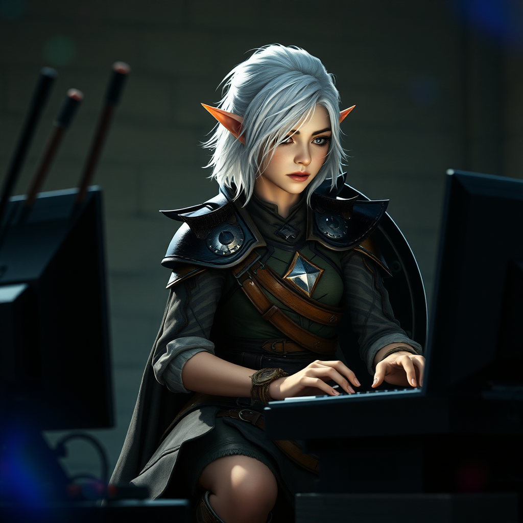 A twenty-something elf girl like (Ana de Armas). Messy shoulder-length white hair. Wide triangular shoulder pads, flowing cloak, leather armor, shield, skirt, high-heel ankle boots. She is typing at a computer. WLOP style. Photorealistic digital matte painting, highly detailed, film grain, lens flare, chromatic aberration.