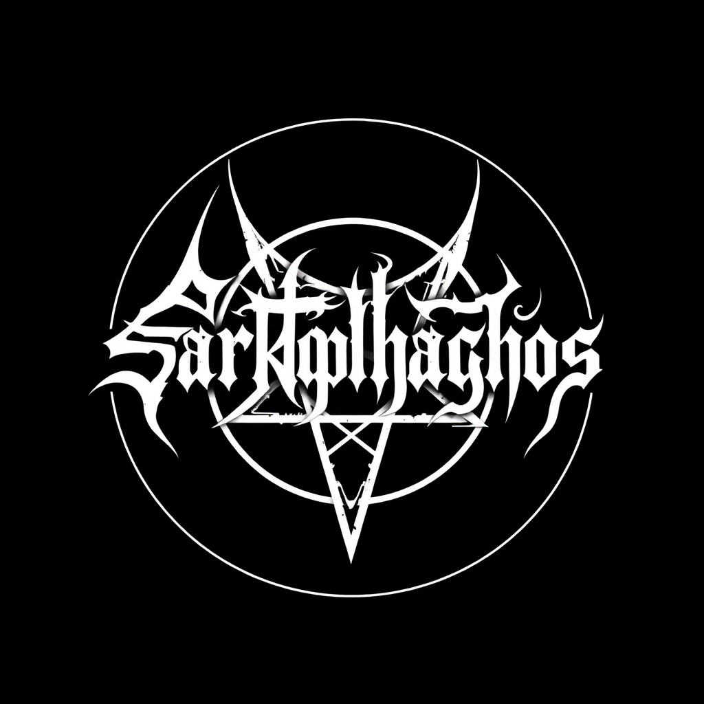 Hard to read satanist metal band logo saying "Sarkophághos"